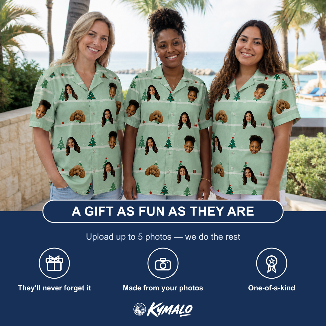 Friends in matching Women's Evergreen Extravaganza Custom Face Hawaiian Shirt — a group gift photo