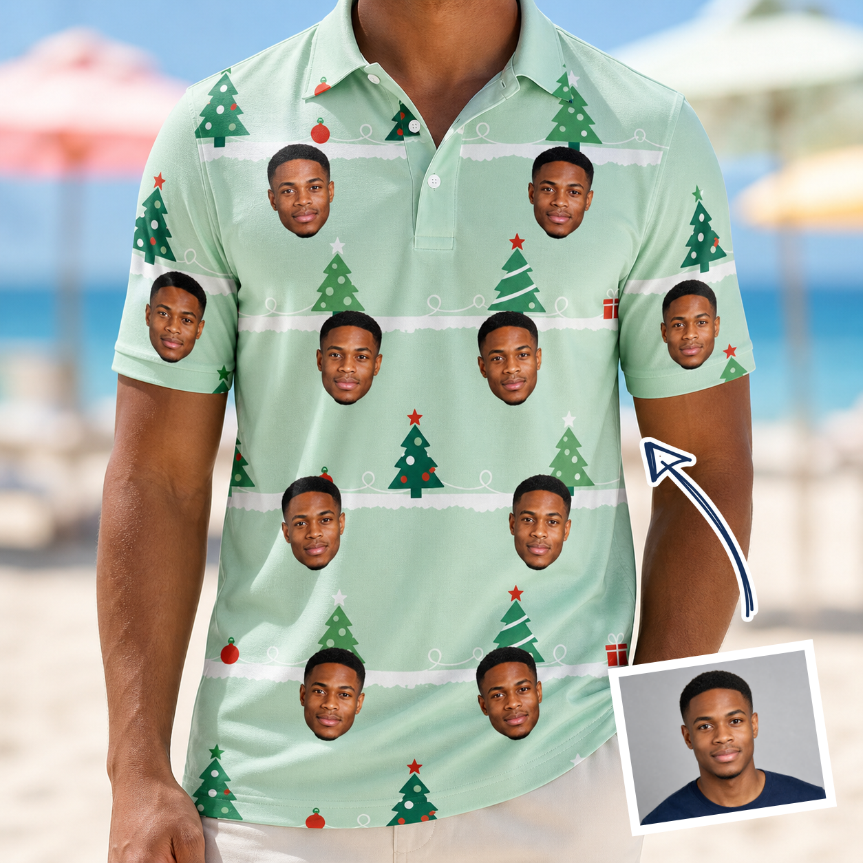 Man wearing Men's Evergreen Extravaganza Custom Face Polo Shirt — custom faces printed all-over
