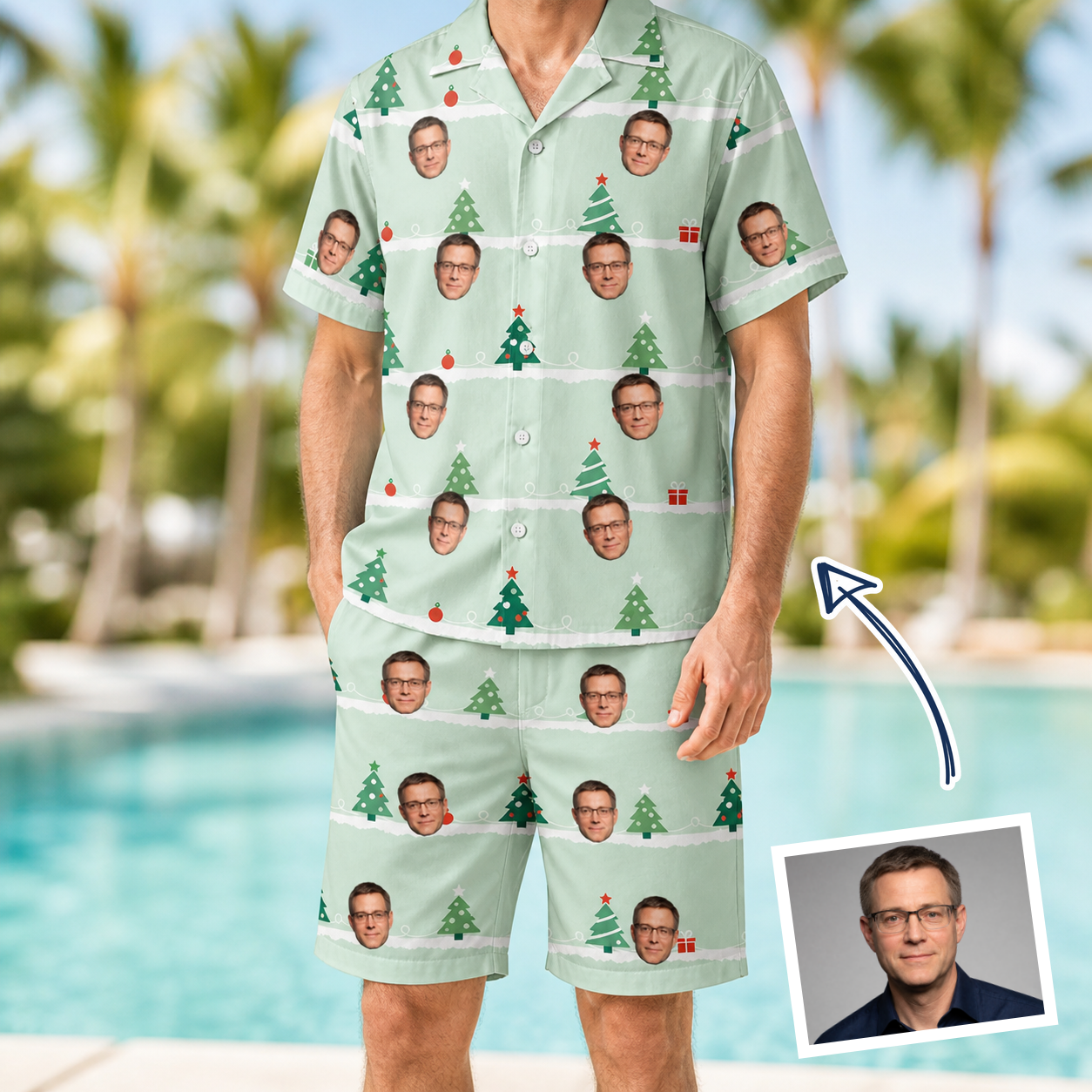 Man wearing Men's Evergreen Extravaganza Custom Face Shirt & Shorts Set — custom faces printed all-over