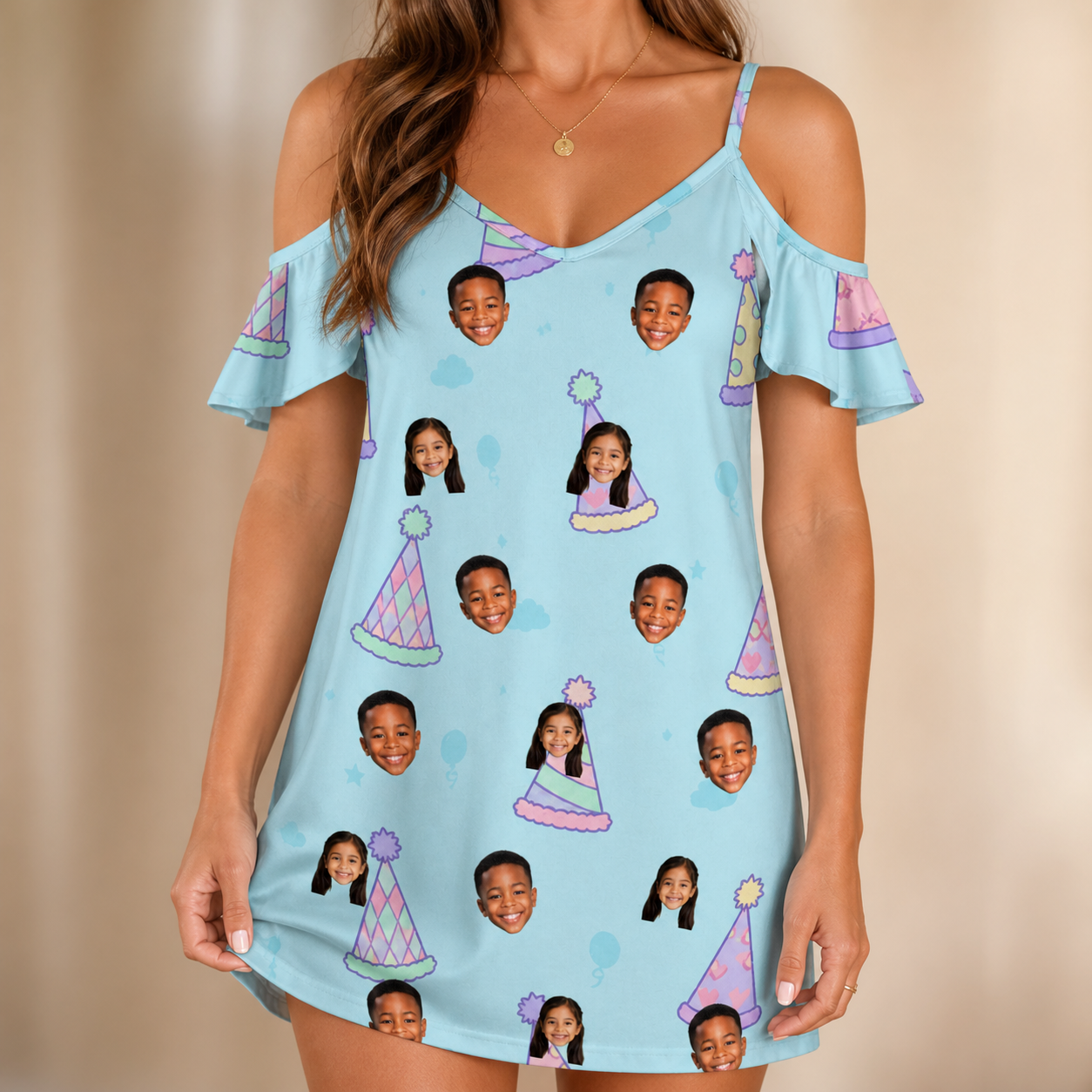 Model wearing Women's Hat Trickery Custom Face Off-Shoulder Dress printed with kids' faces