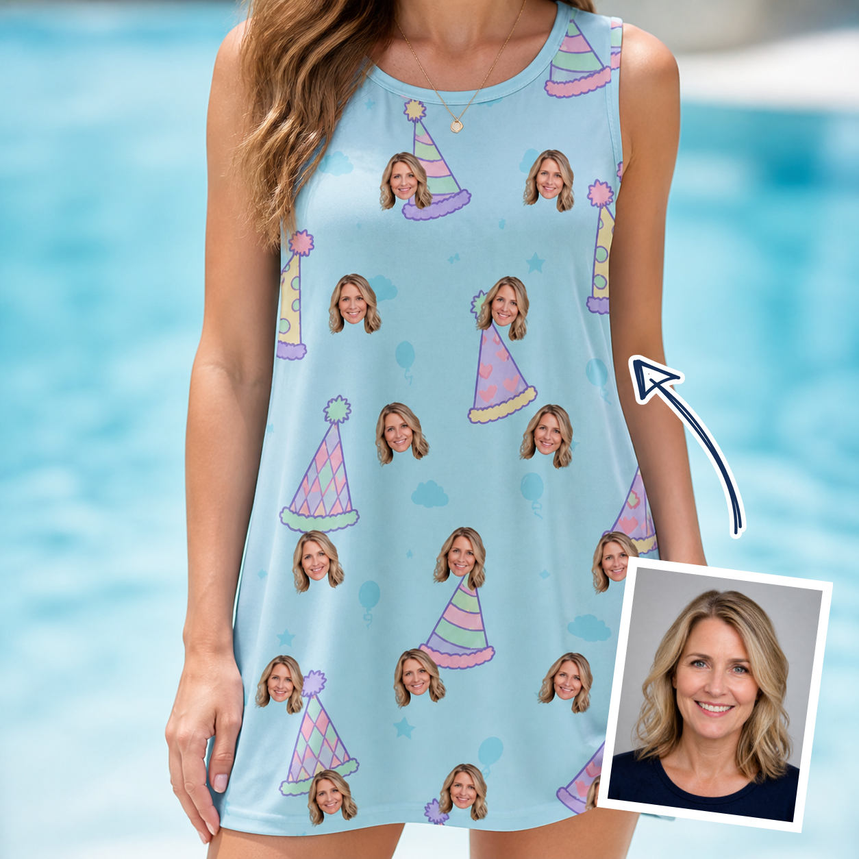 Woman wearing Women's Hat Trickery Custom Face Tank Dress — custom faces printed all-over