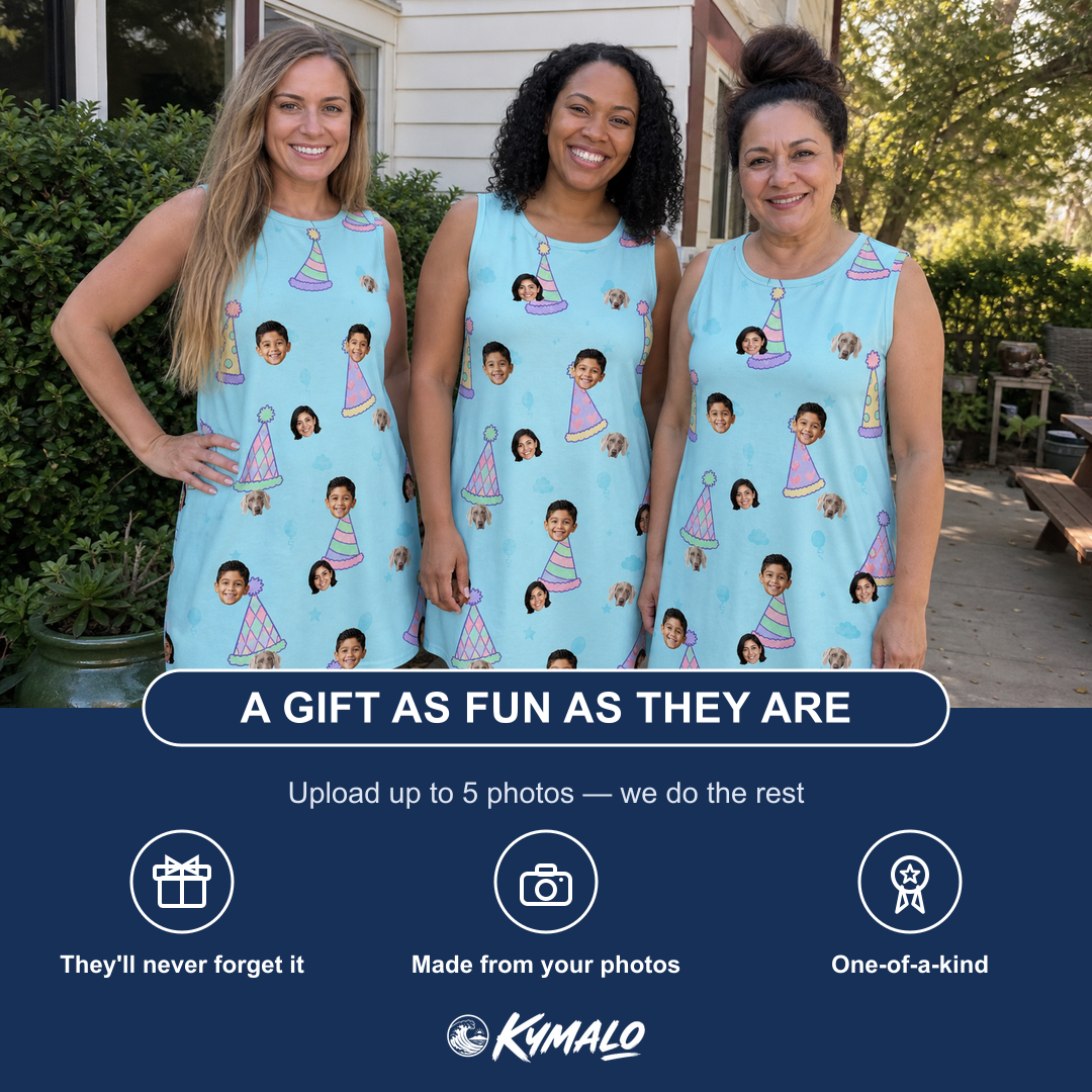 Friends in matching Women's Hat Trickery Custom Face Tank Dress — a group gift photo
