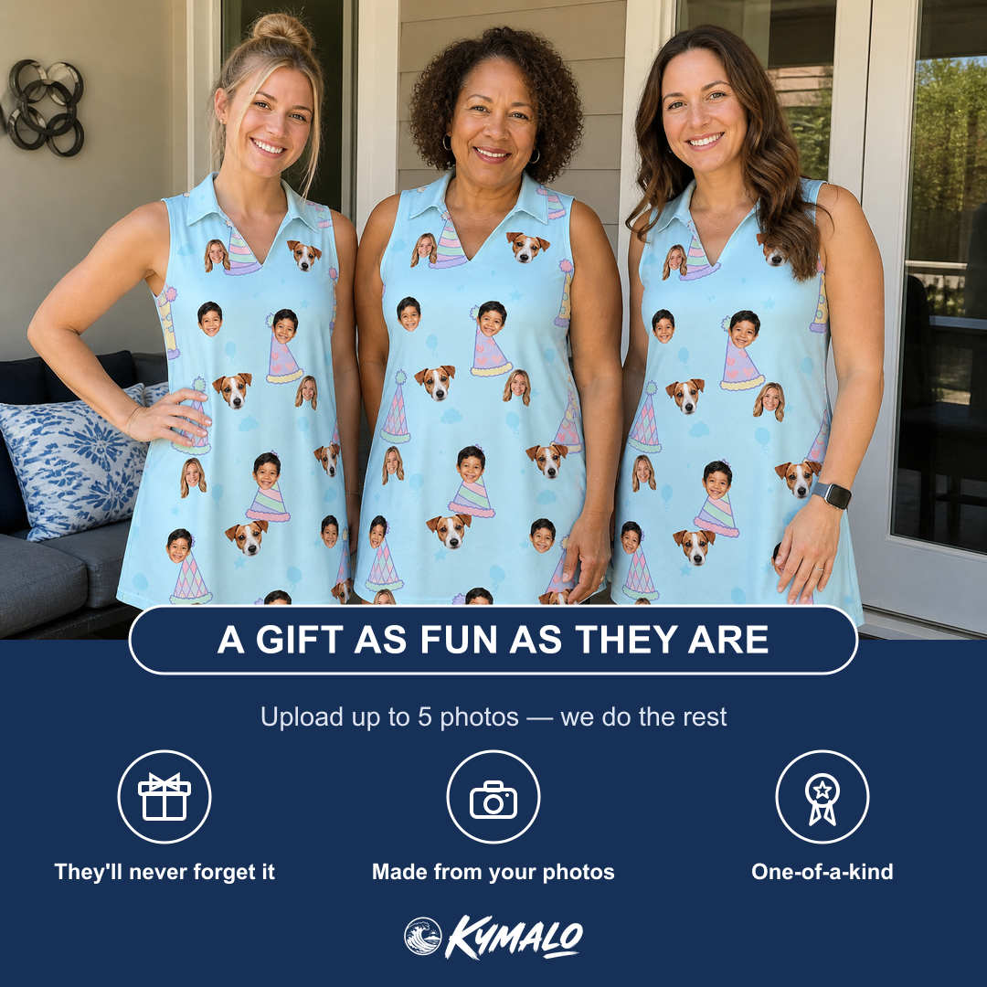 Friends in matching Women's Hat Trickery Custom Face V-Neck Dress — a group gift photo