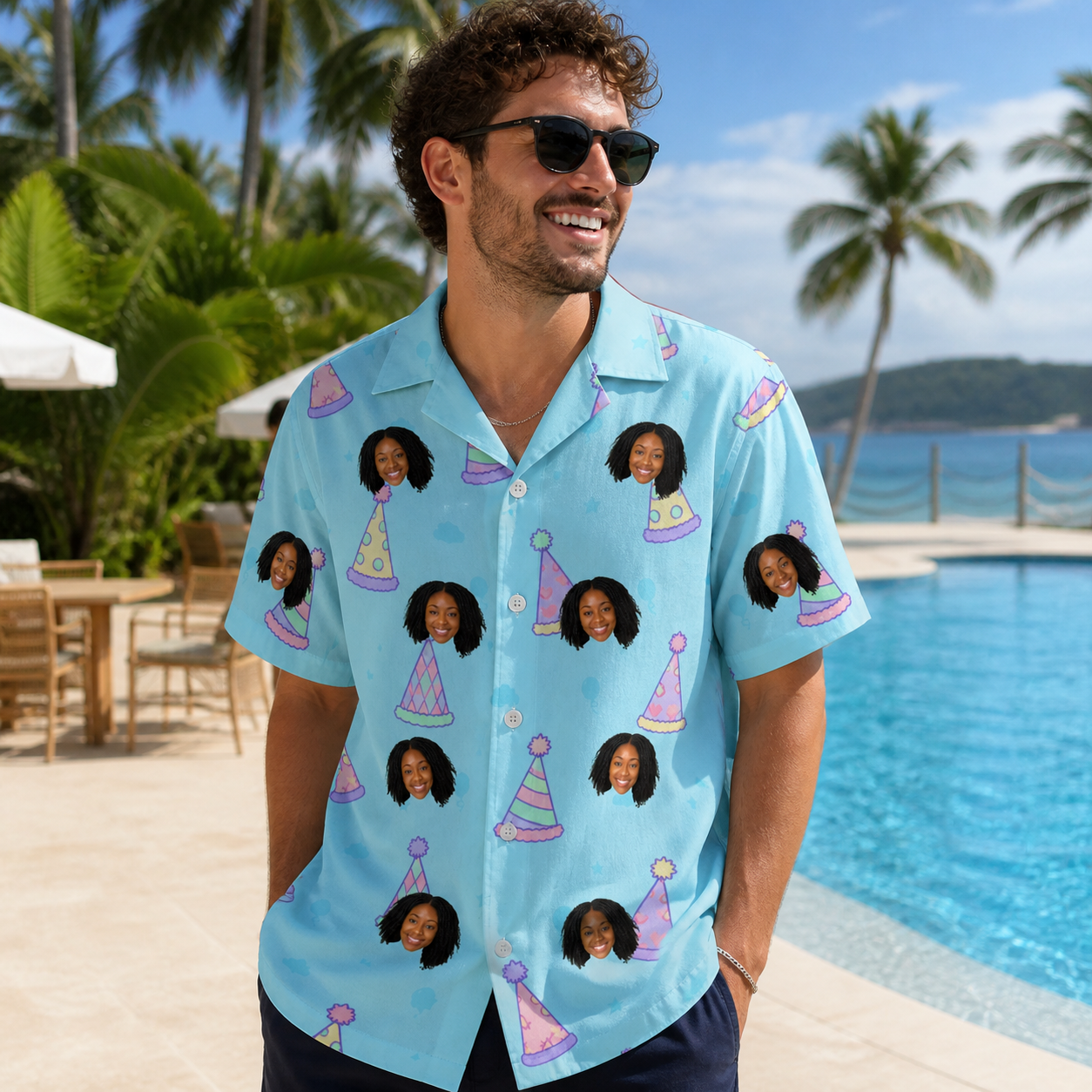 Real-life photo of someone wearing Men's Hat Trickery Custom Face Hawaiian Shirt — custom faces printed all-over