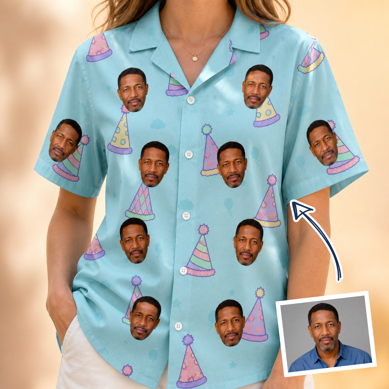 Woman wearing Women's Hat Trickery Custom Face Hawaiian Shirt — custom faces printed all-over