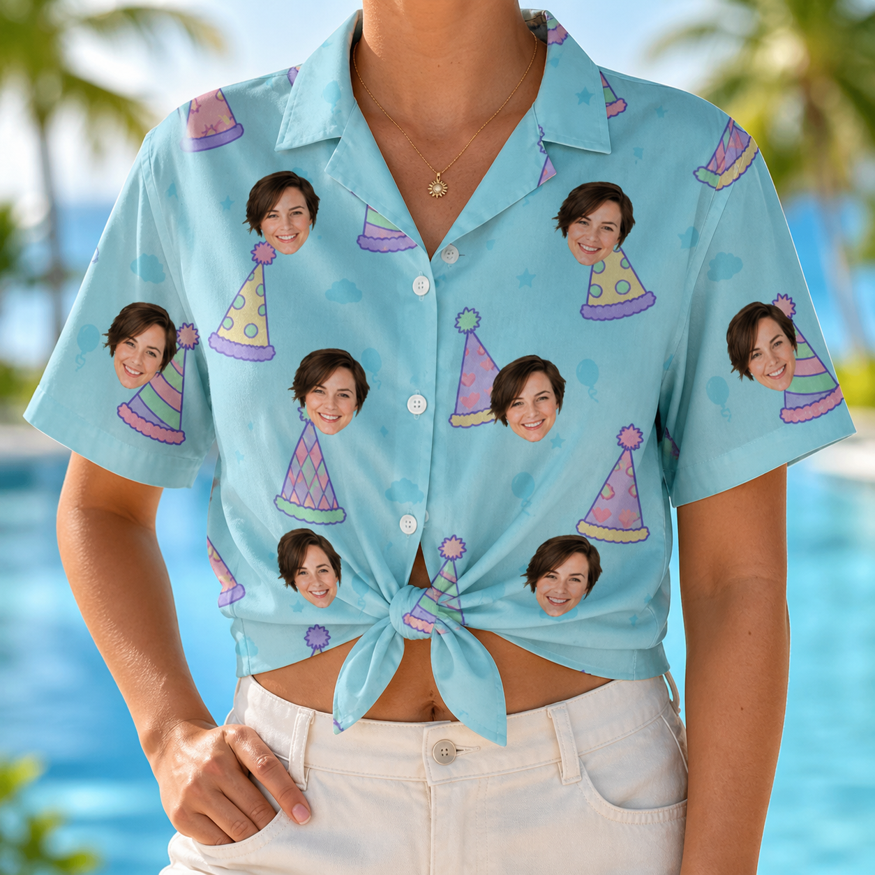 Woman wearing Women's Hat Trickery Custom Face Hawaiian Shirt tied at the waist