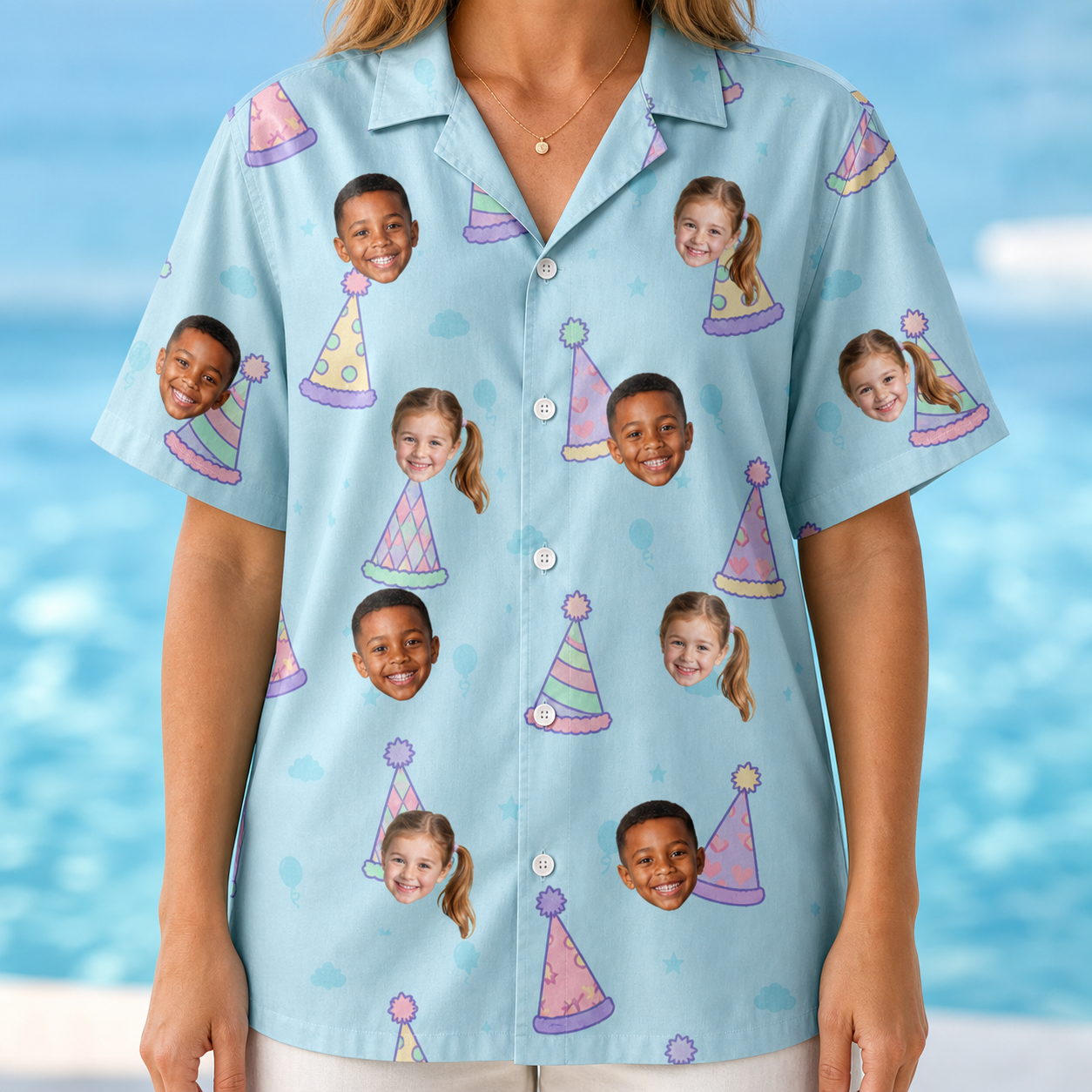 Model wearing Women's Hat Trickery Custom Face Hawaiian Shirt printed with kids' faces