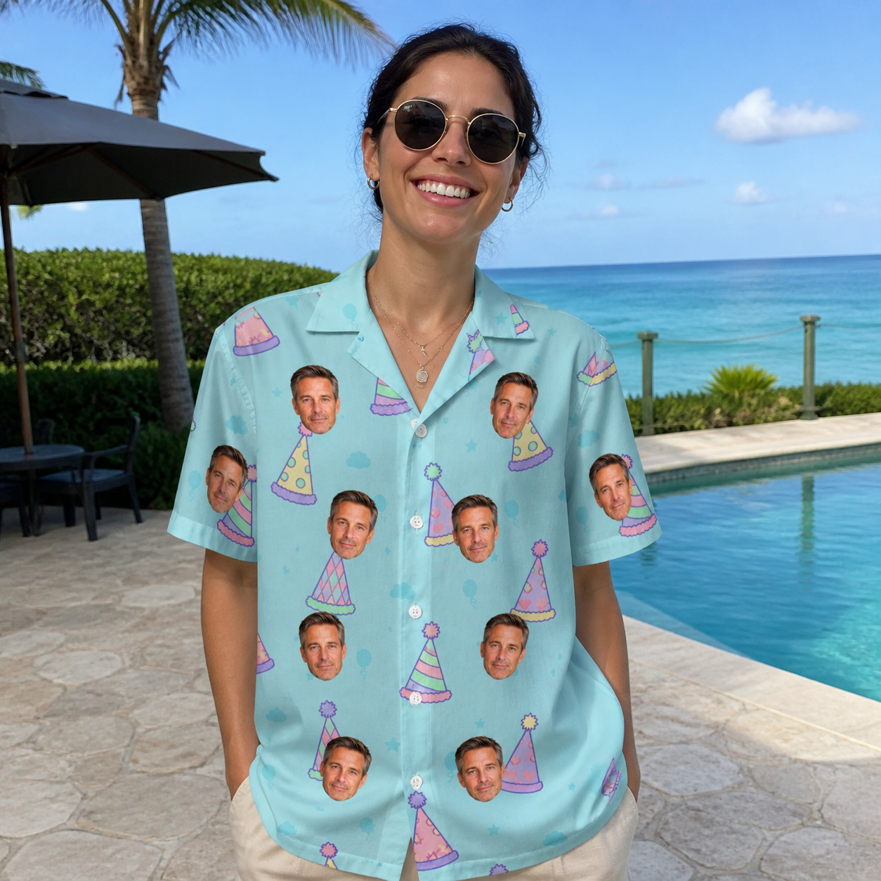 Real-life photo of someone wearing Women's Hat Trickery Custom Face Hawaiian Shirt — custom faces printed all-over