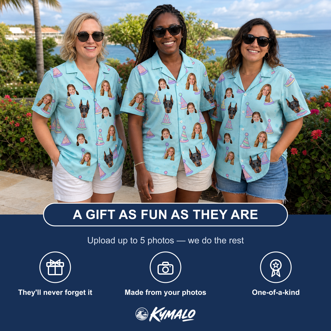 Friends in matching Women's Hat Trickery Custom Face Hawaiian Shirt — a group gift photo