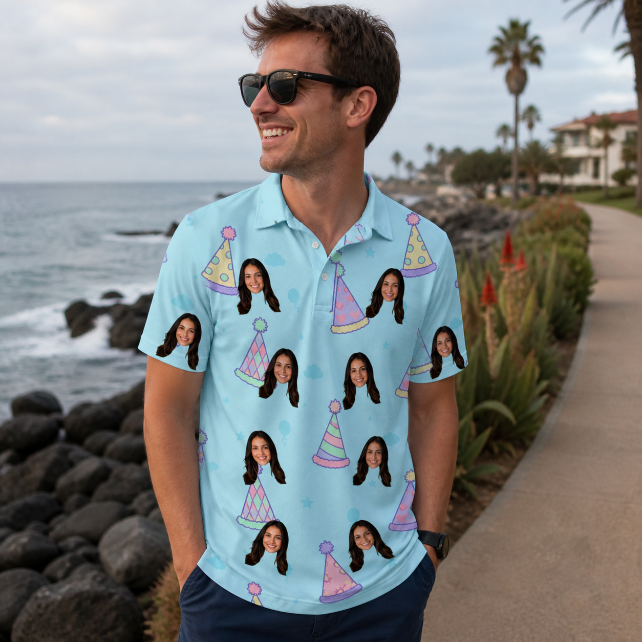 Real-life photo of someone wearing Men's Hat Trickery Custom Face Polo Shirt — custom faces printed all-over