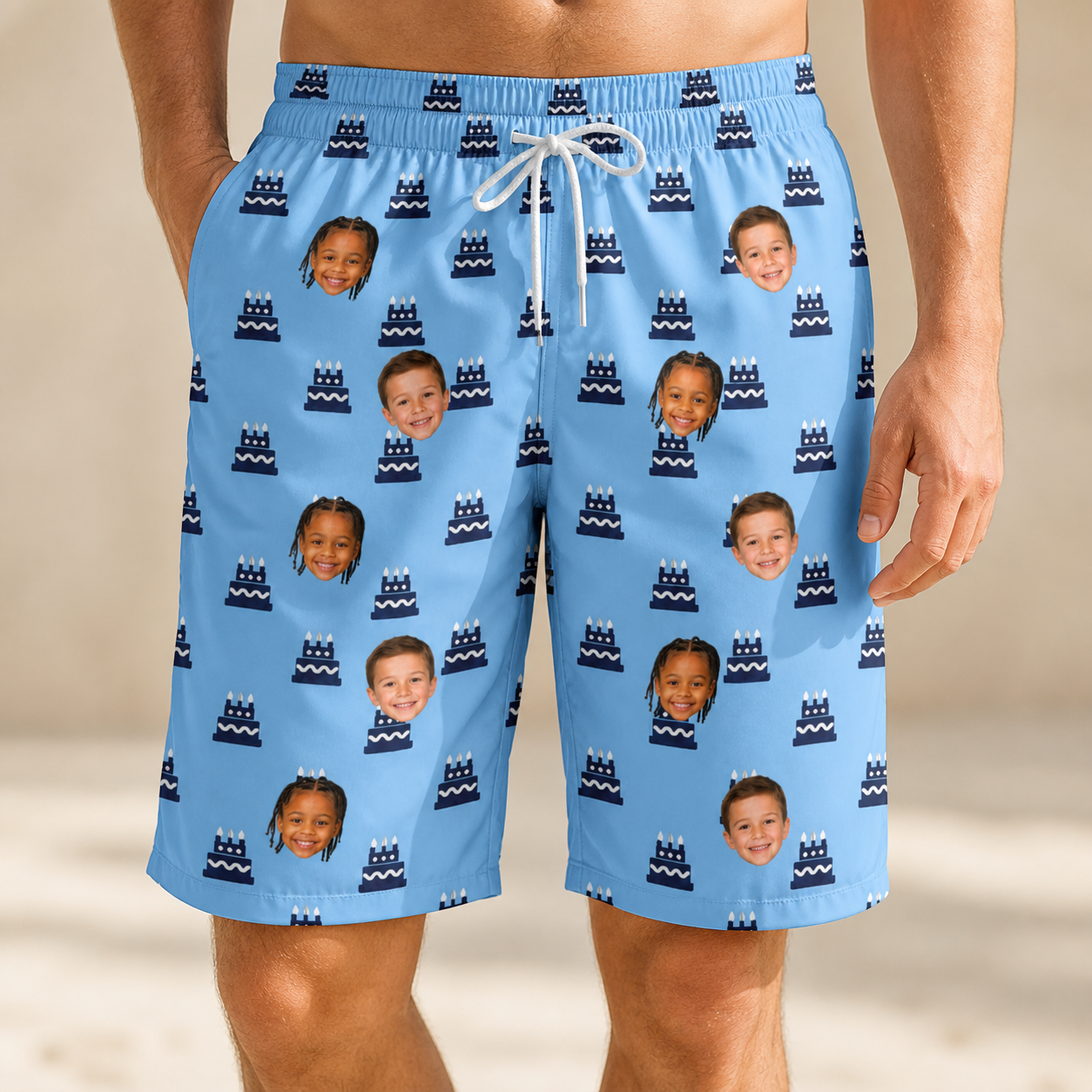 Model wearing Men's Ganache Guffaws Custom Face Beach Shorts printed with kids' faces
