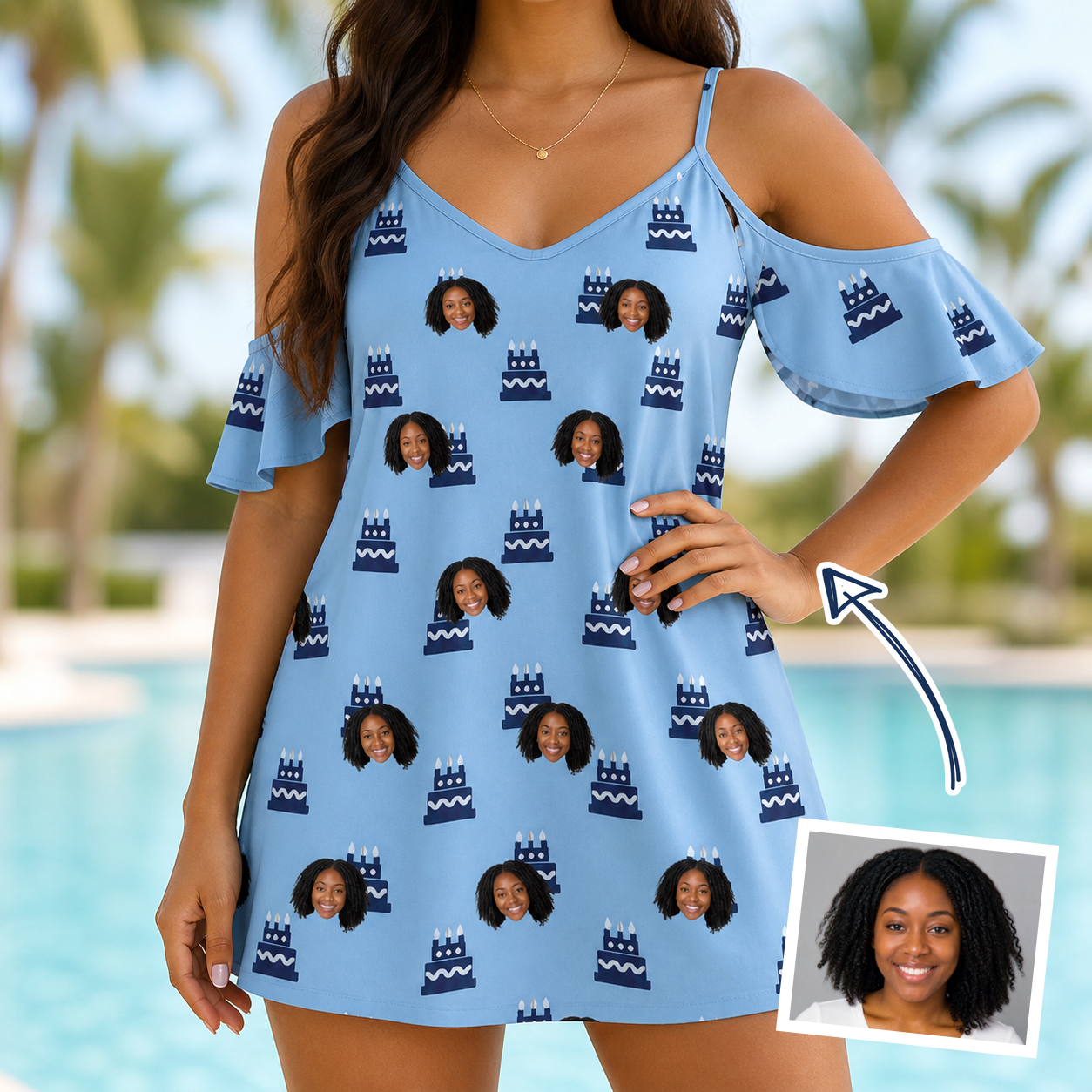 Woman wearing Women's Ganache Guffaws Custom Face Off-Shoulder Dress — custom faces printed all-over