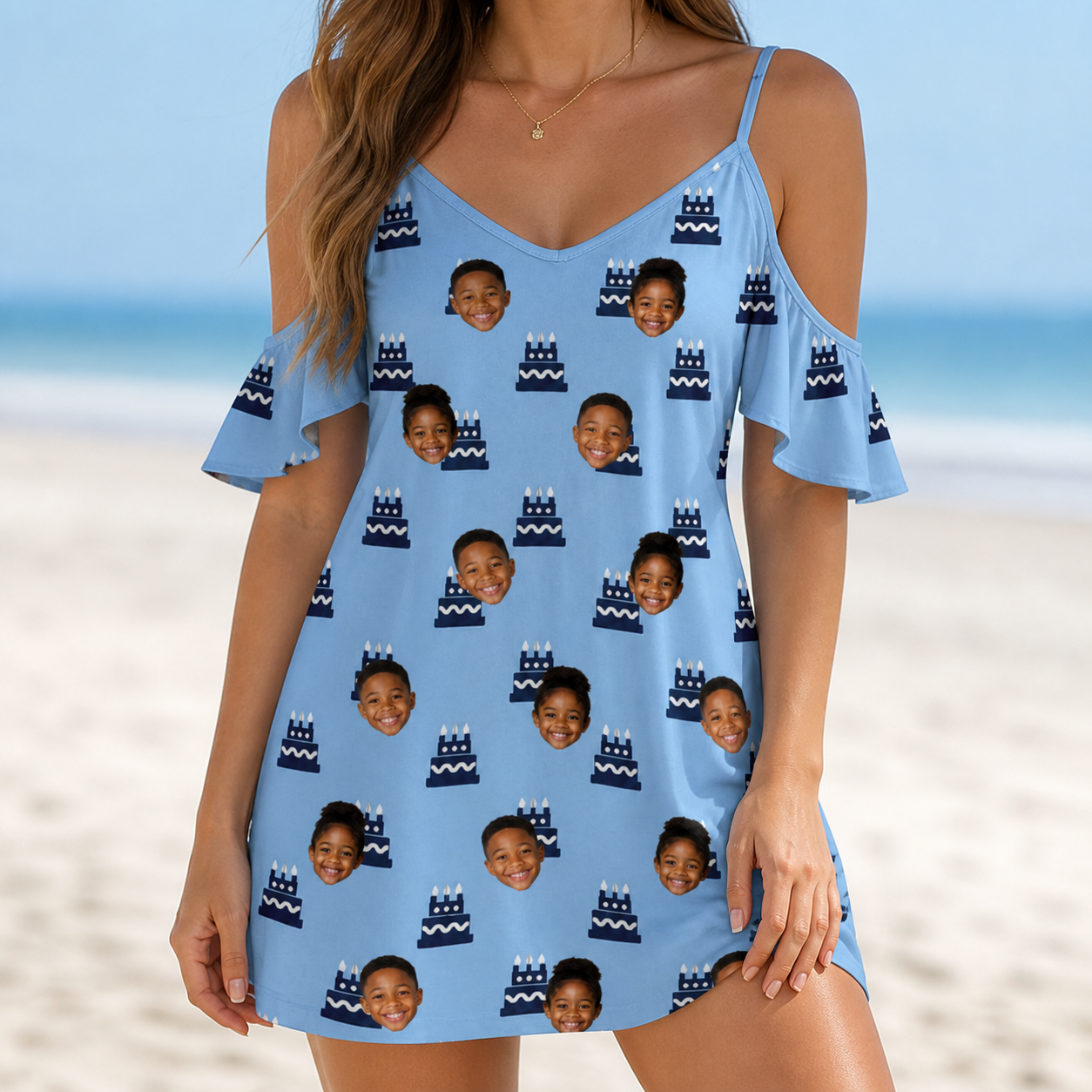 Model wearing Women's Ganache Guffaws Custom Face Off-Shoulder Dress printed with kids' faces