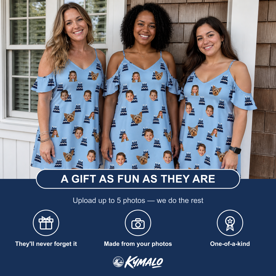 Friends in matching Women's Ganache Guffaws Custom Face Off-Shoulder Dress — a group gift photo
