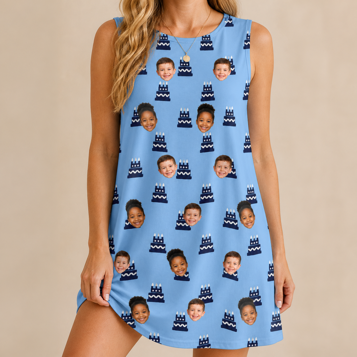 Model wearing Women's Ganache Guffaws Custom Face Tank Dress printed with kids' faces