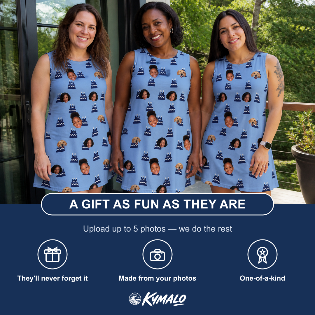 Friends in matching Women's Ganache Guffaws Custom Face Tank Dress — a group gift photo