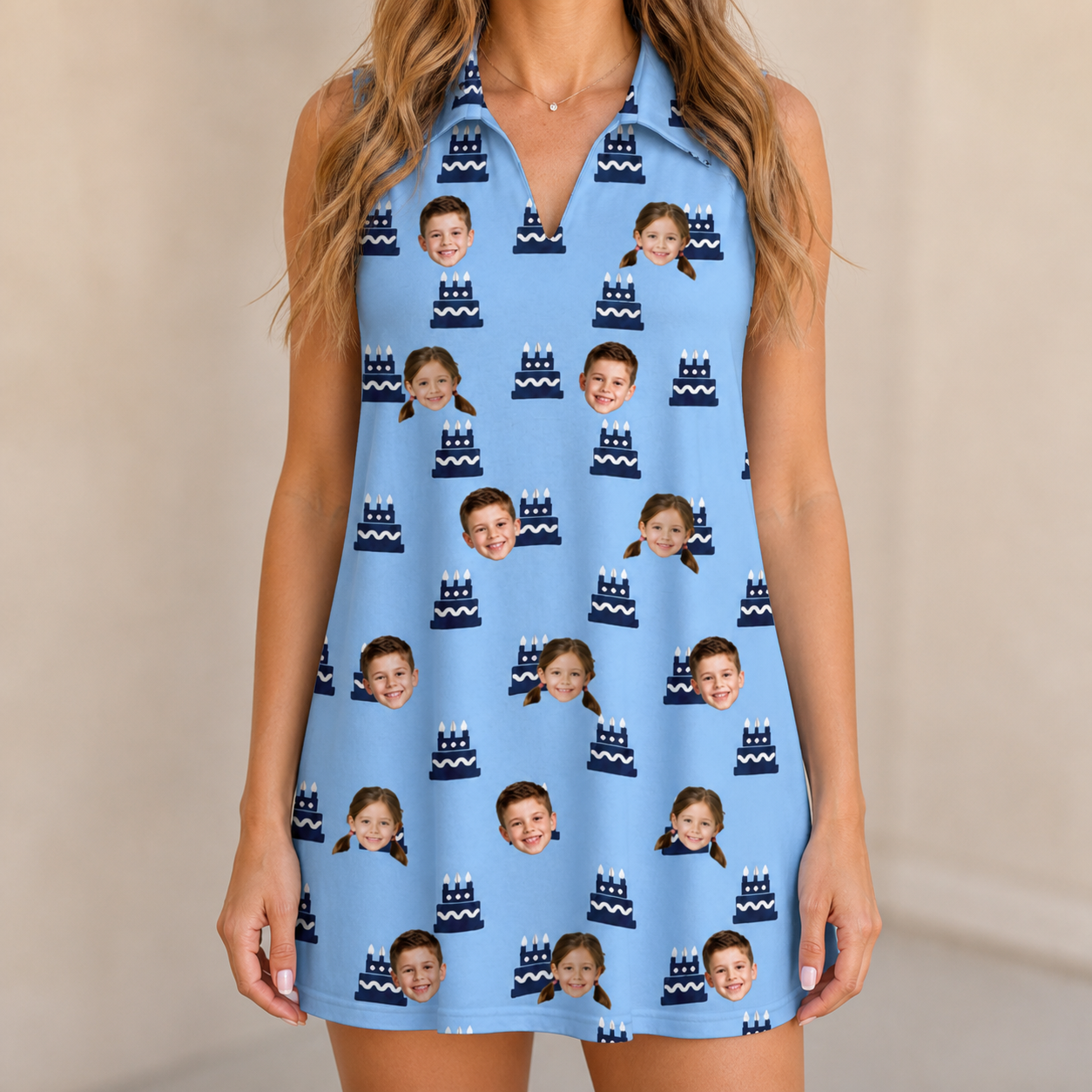 Model wearing Women's Ganache Guffaws Custom Face V-Neck Dress printed with kids' faces