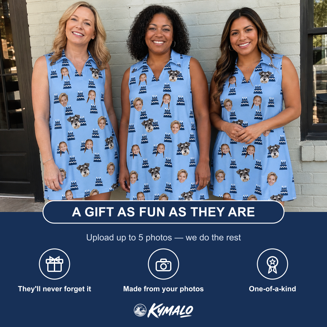 Friends in matching Women's Ganache Guffaws Custom Face V-Neck Dress — a group gift photo