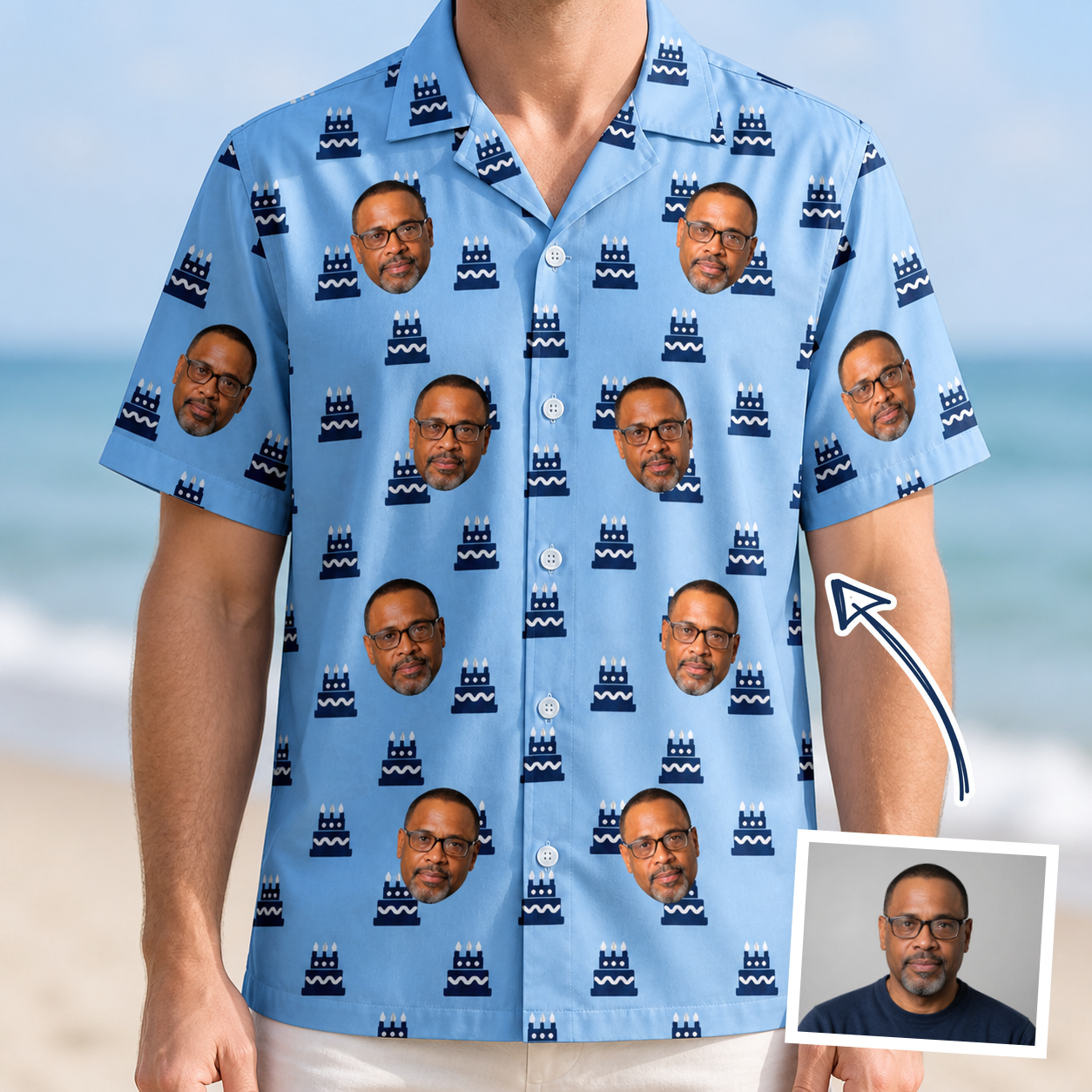 Man wearing Men's Ganache Guffaws Custom Face Hawaiian Shirt — custom faces printed all-over