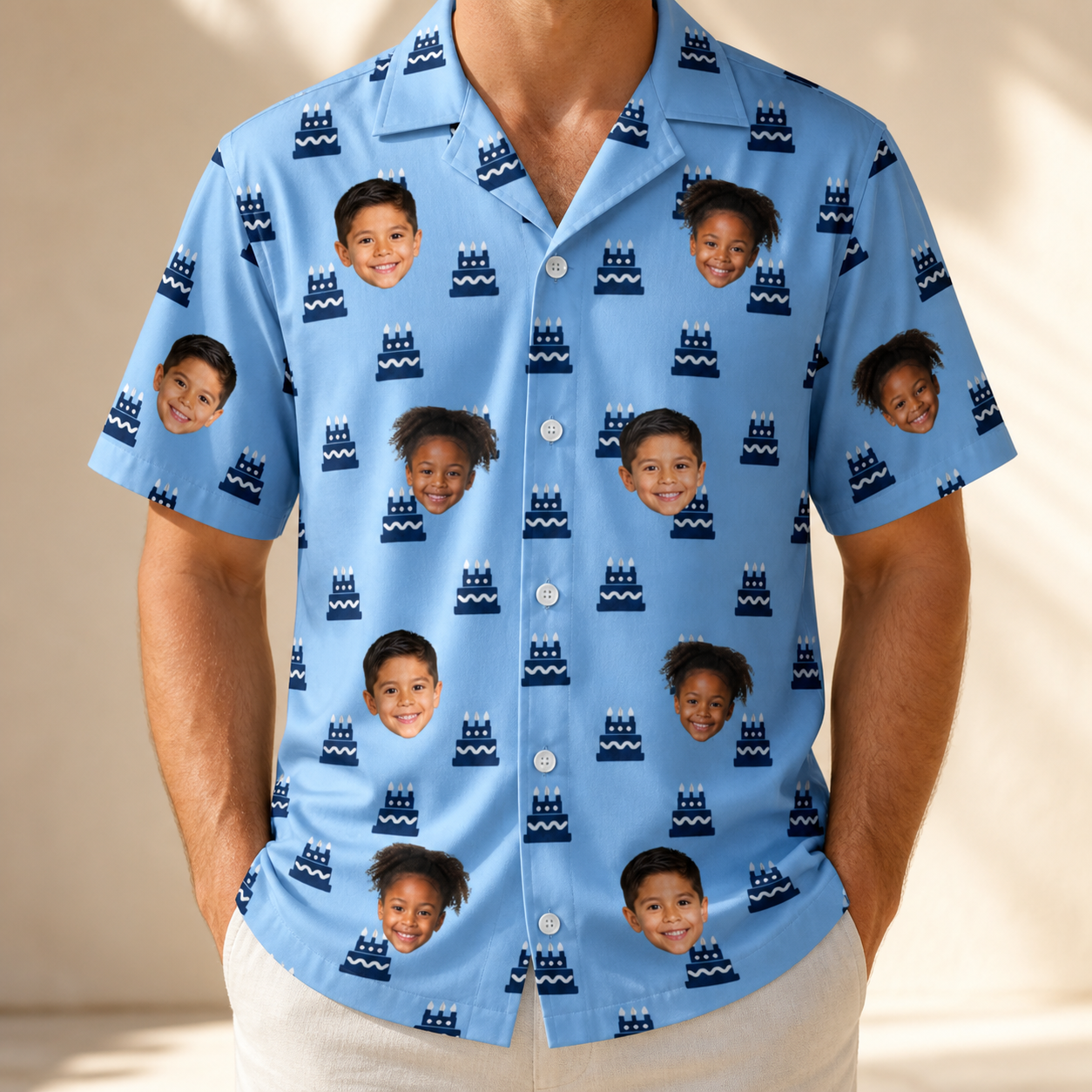 Model wearing Men's Ganache Guffaws Custom Face Hawaiian Shirt printed with kids' faces