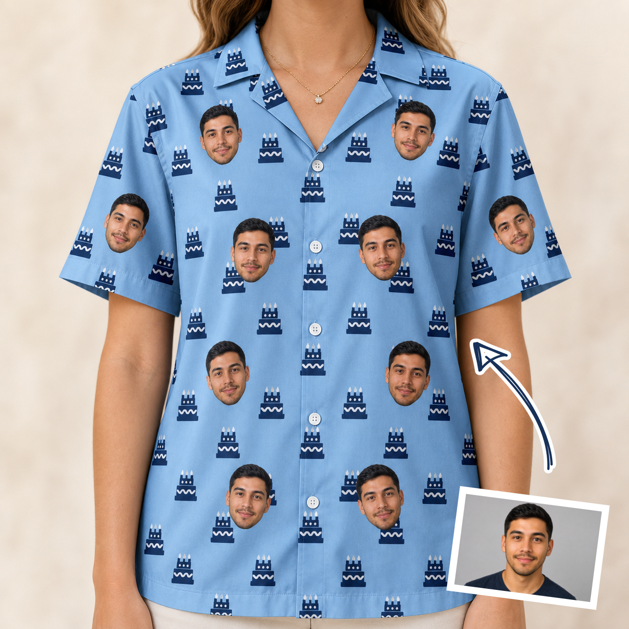 Woman wearing Women's Ganache Guffaws Custom Face Hawaiian Shirt — custom faces printed all-over