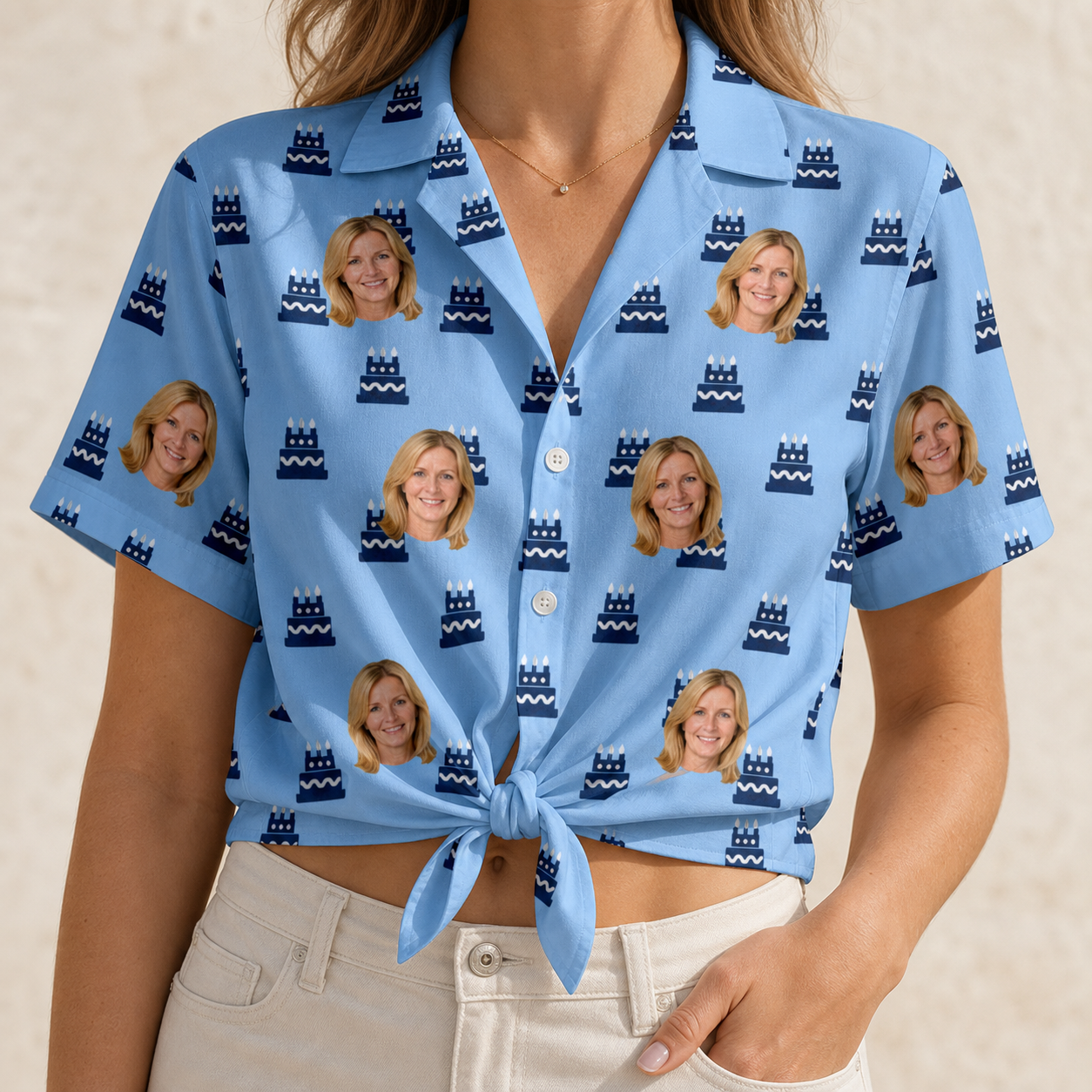 Woman wearing Women's Ganache Guffaws Custom Face Hawaiian Shirt tied at the waist
