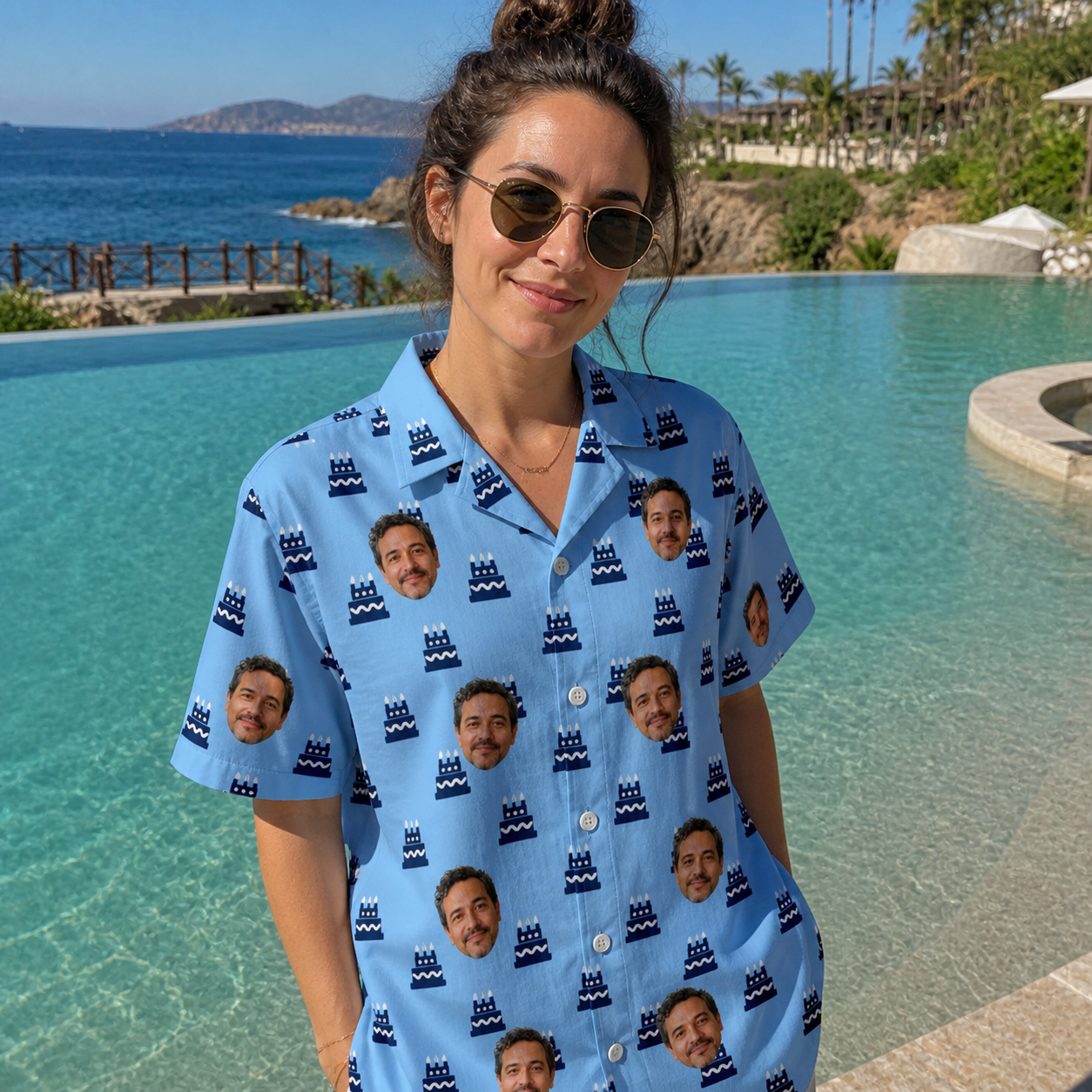 Real-life photo of someone wearing Women's Ganache Guffaws Custom Face Hawaiian Shirt — custom faces printed all-over