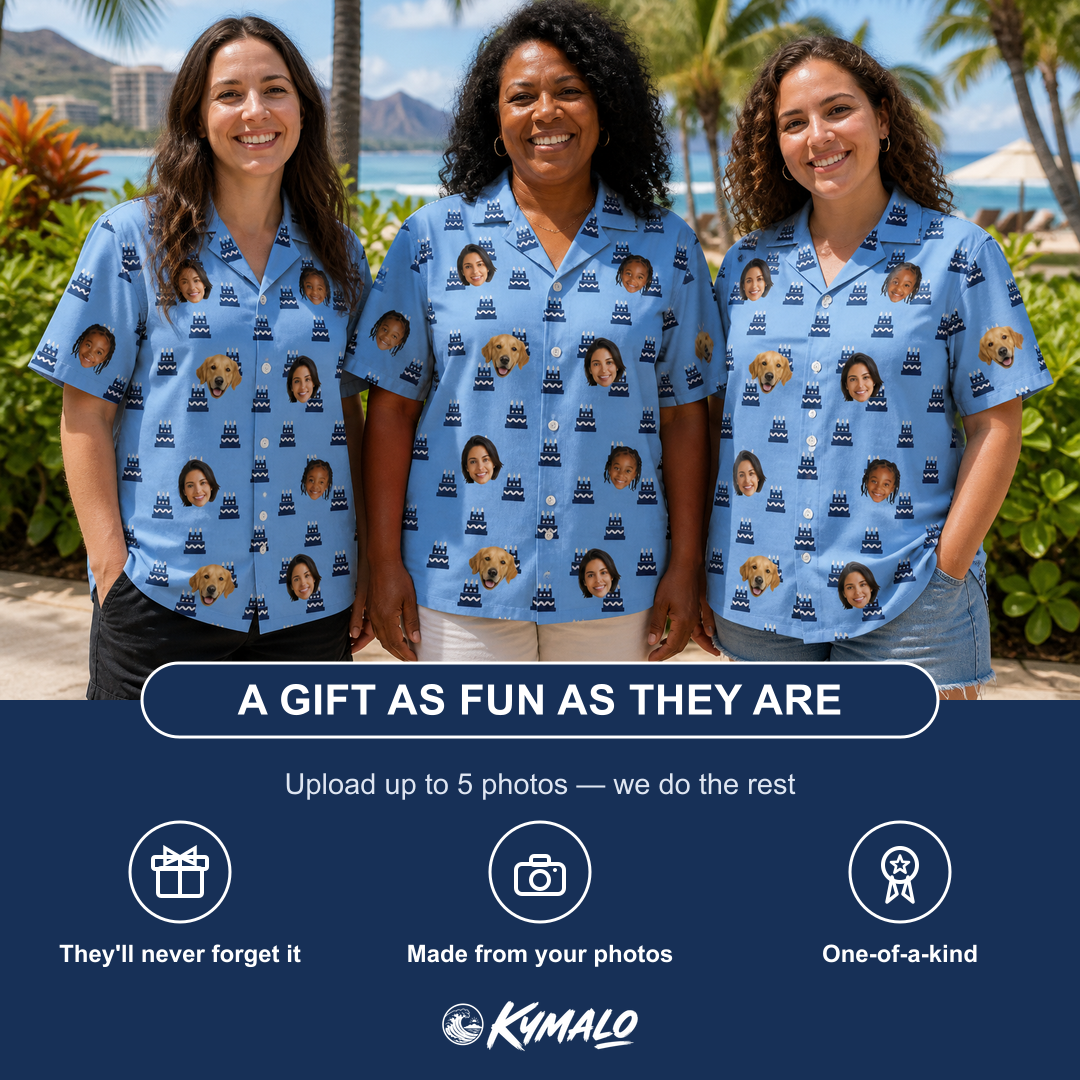 Friends in matching Women's Ganache Guffaws Custom Face Hawaiian Shirt — a group gift photo