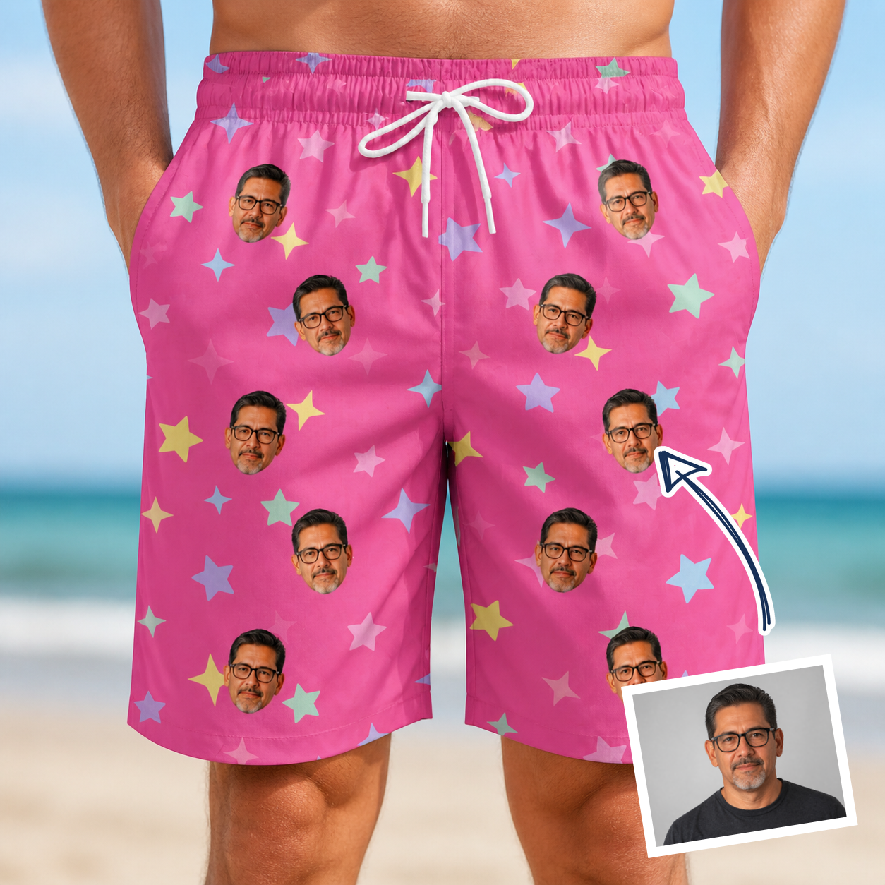 Man wearing Men's Astro Applause Custom Face Beach Shorts — custom faces printed all-over