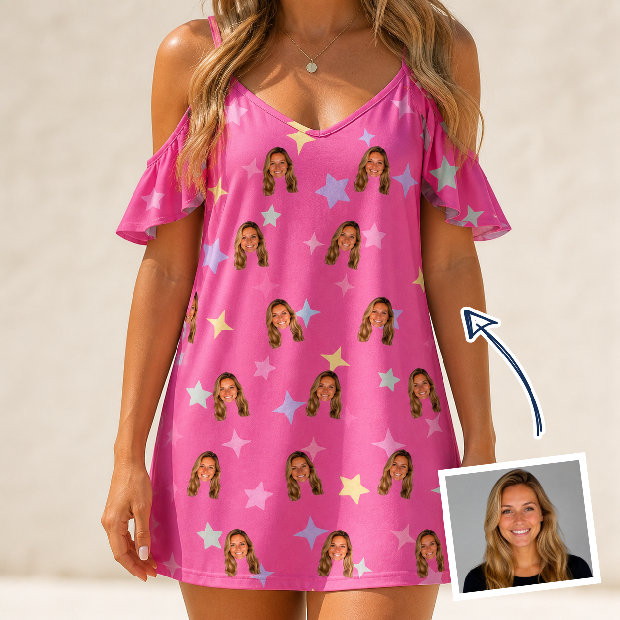 Woman wearing Women's Astro Applause Custom Face Off-Shoulder Dress — custom faces printed all-over