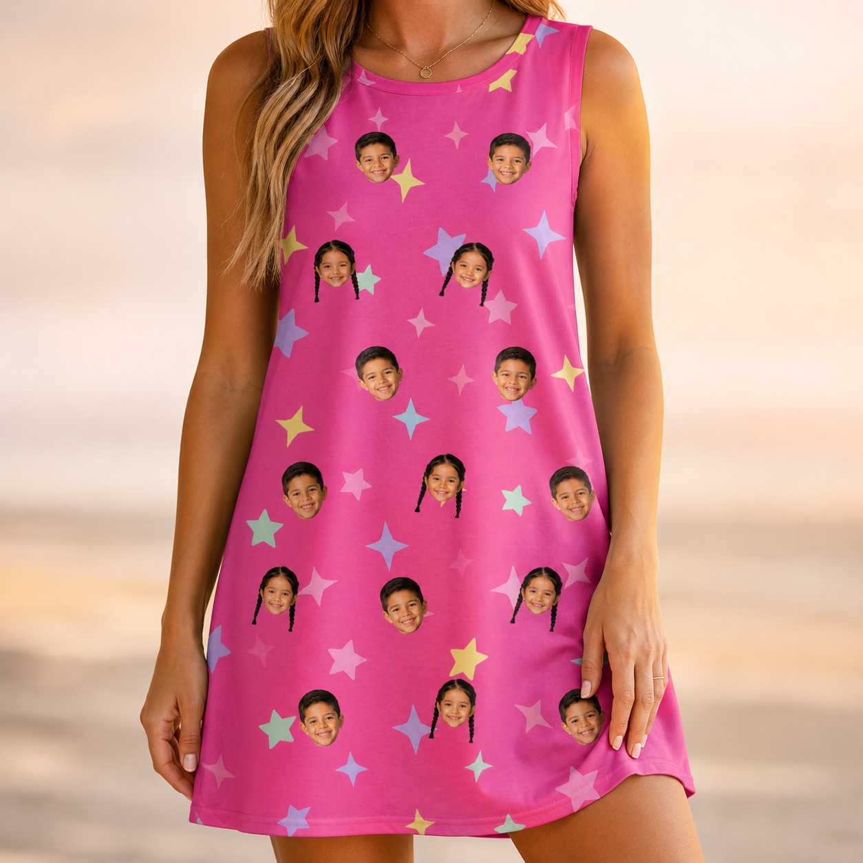 Model wearing Women's Astro Applause Custom Face Tank Dress printed with kids' faces