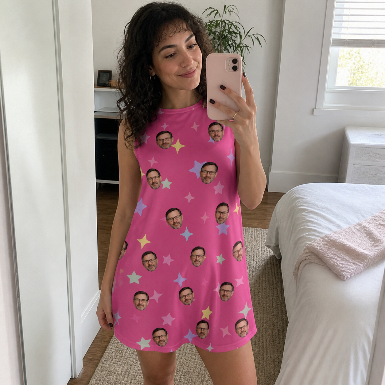 Real-life photo of someone wearing Women's Astro Applause Custom Face Tank Dress — custom faces printed all-over