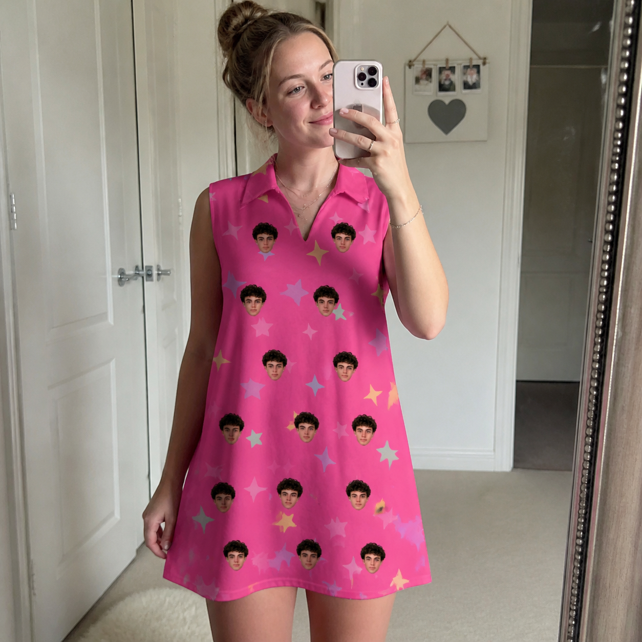 Real-life photo of someone wearing Women's Astro Applause Custom Face V-Neck Dress — custom faces printed all-over