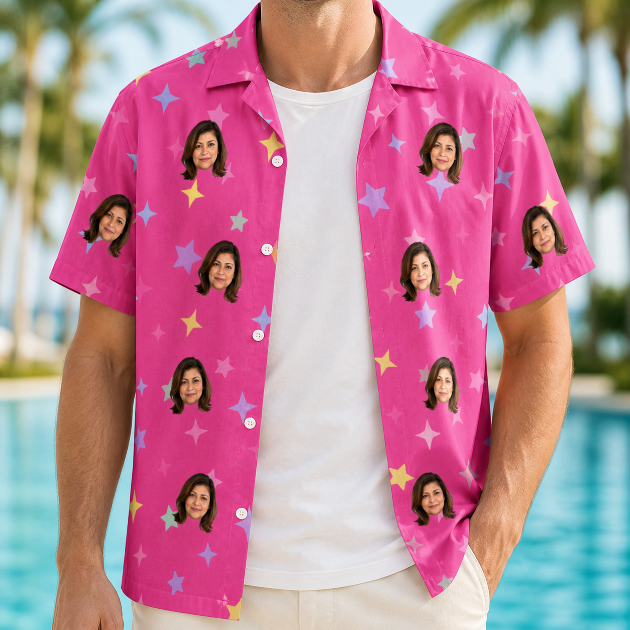 Man wearing Men's Astro Applause Custom Face Hawaiian Shirt open over a white tee