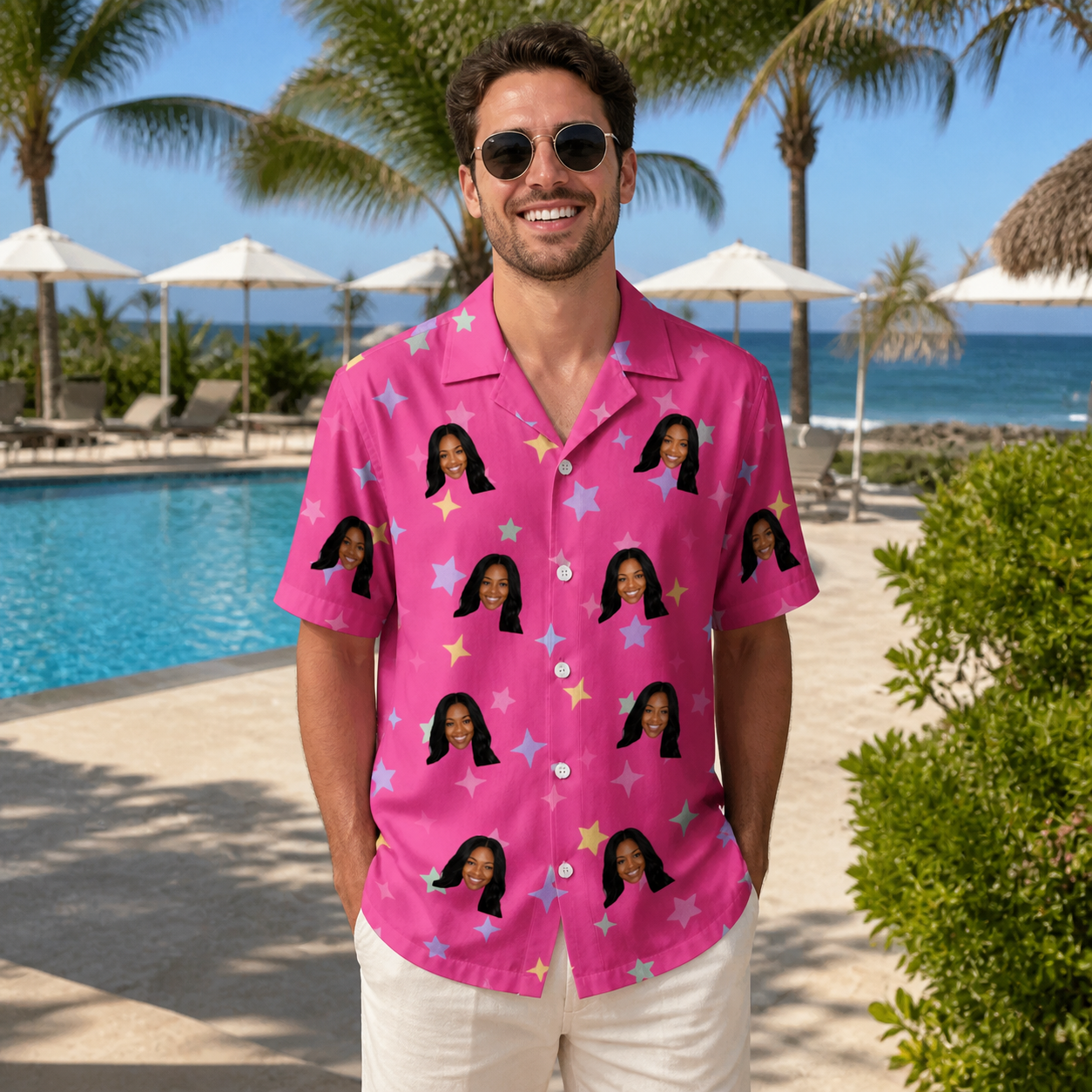 Real-life photo of someone wearing Men's Astro Applause Custom Face Hawaiian Shirt — custom faces printed all-over