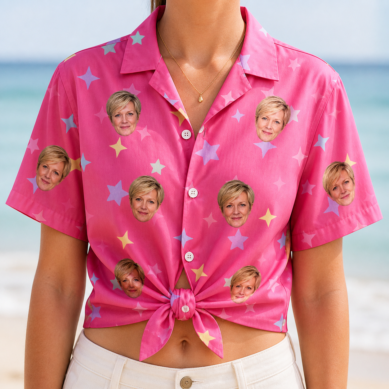 Woman wearing Women's Astro Applause Custom Face Hawaiian Shirt tied at the waist