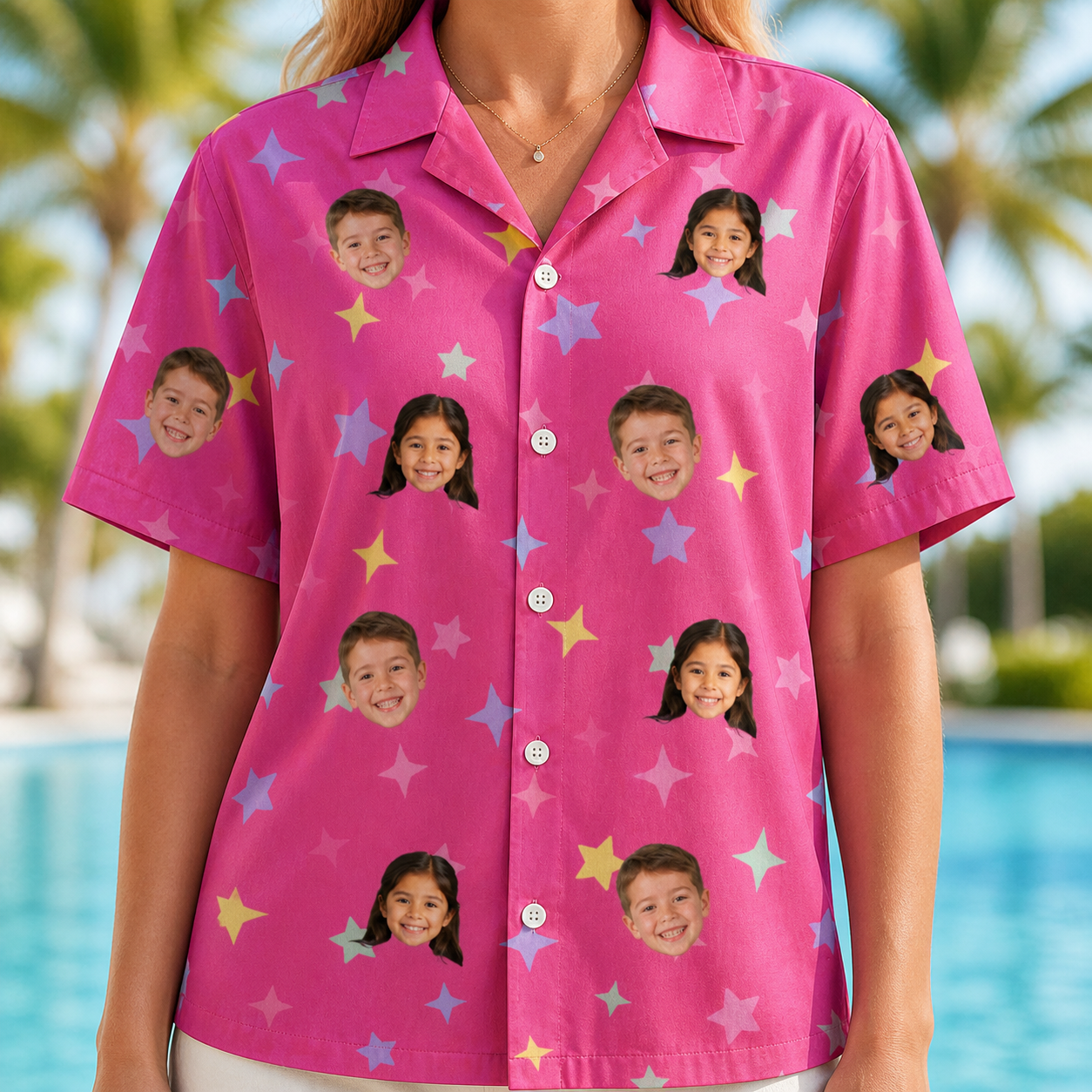 Model wearing Women's Astro Applause Custom Face Hawaiian Shirt printed with kids' faces