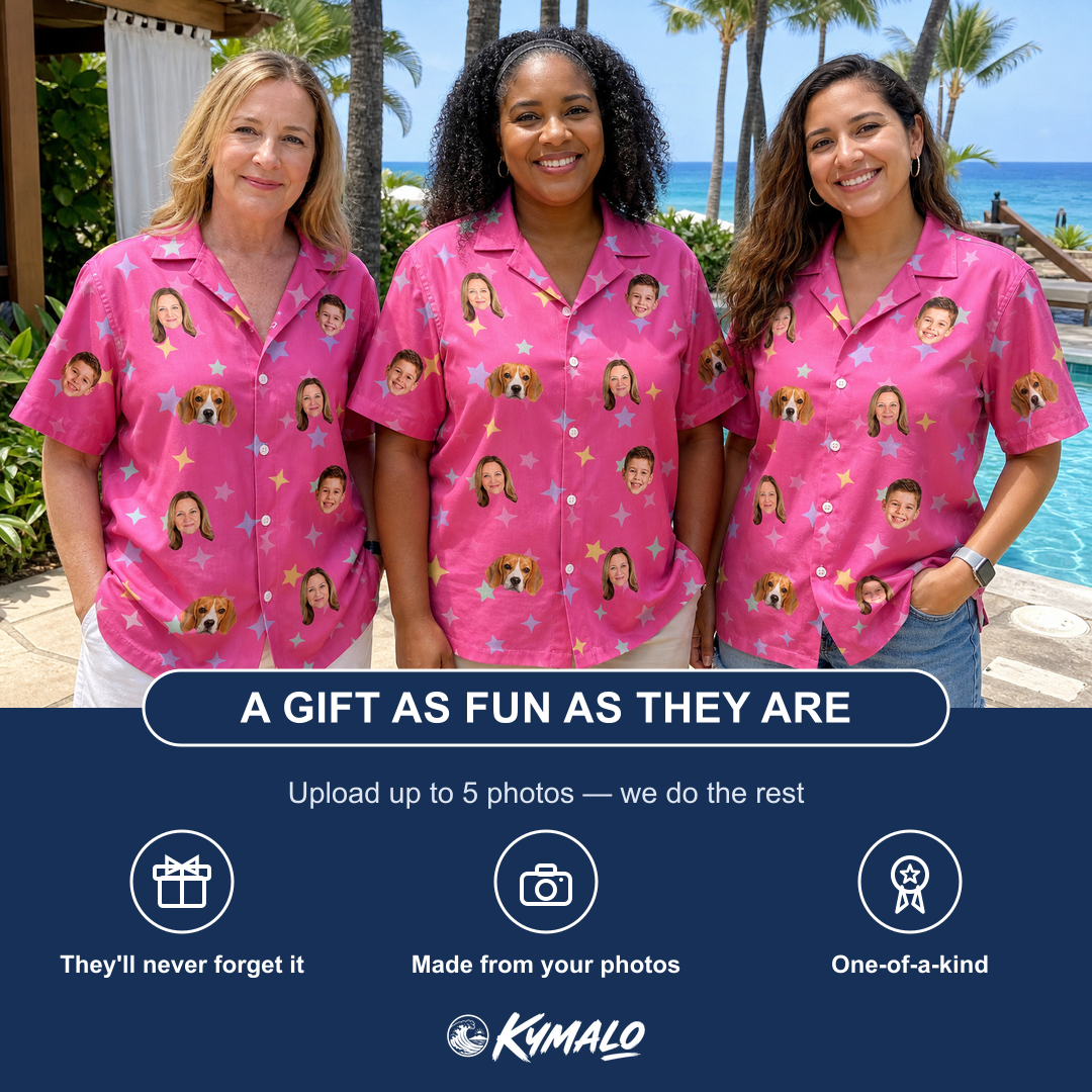 Friends in matching Women's Astro Applause Custom Face Hawaiian Shirt — a group gift photo