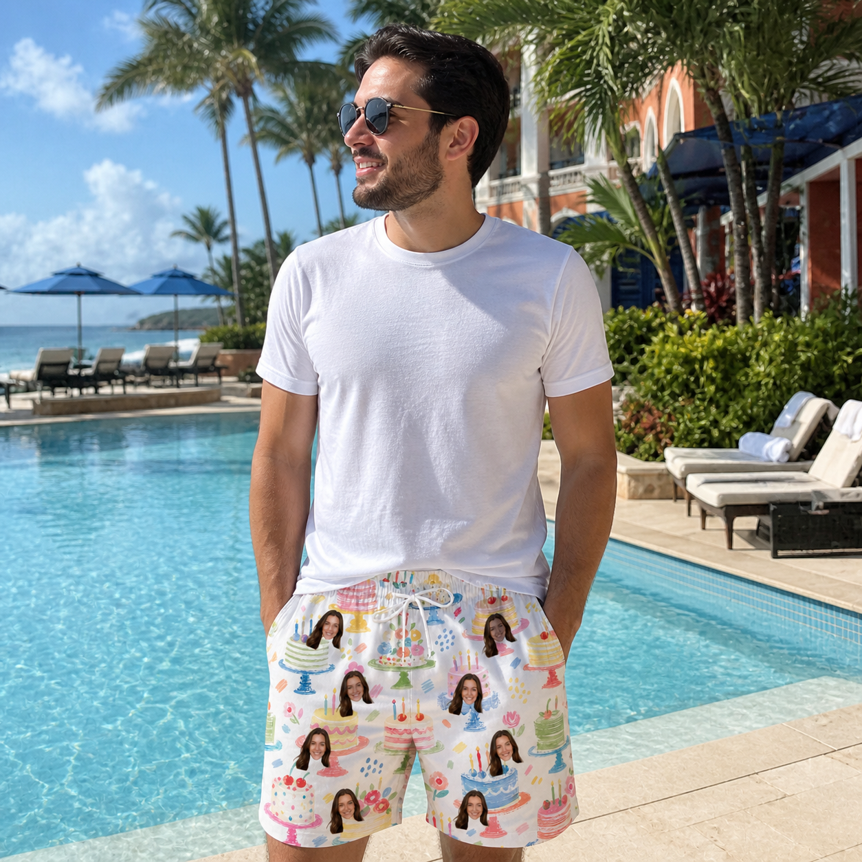 Real-life photo of someone wearing Men's Longevity Layers Custom Face Beach Shorts — custom faces printed all-over