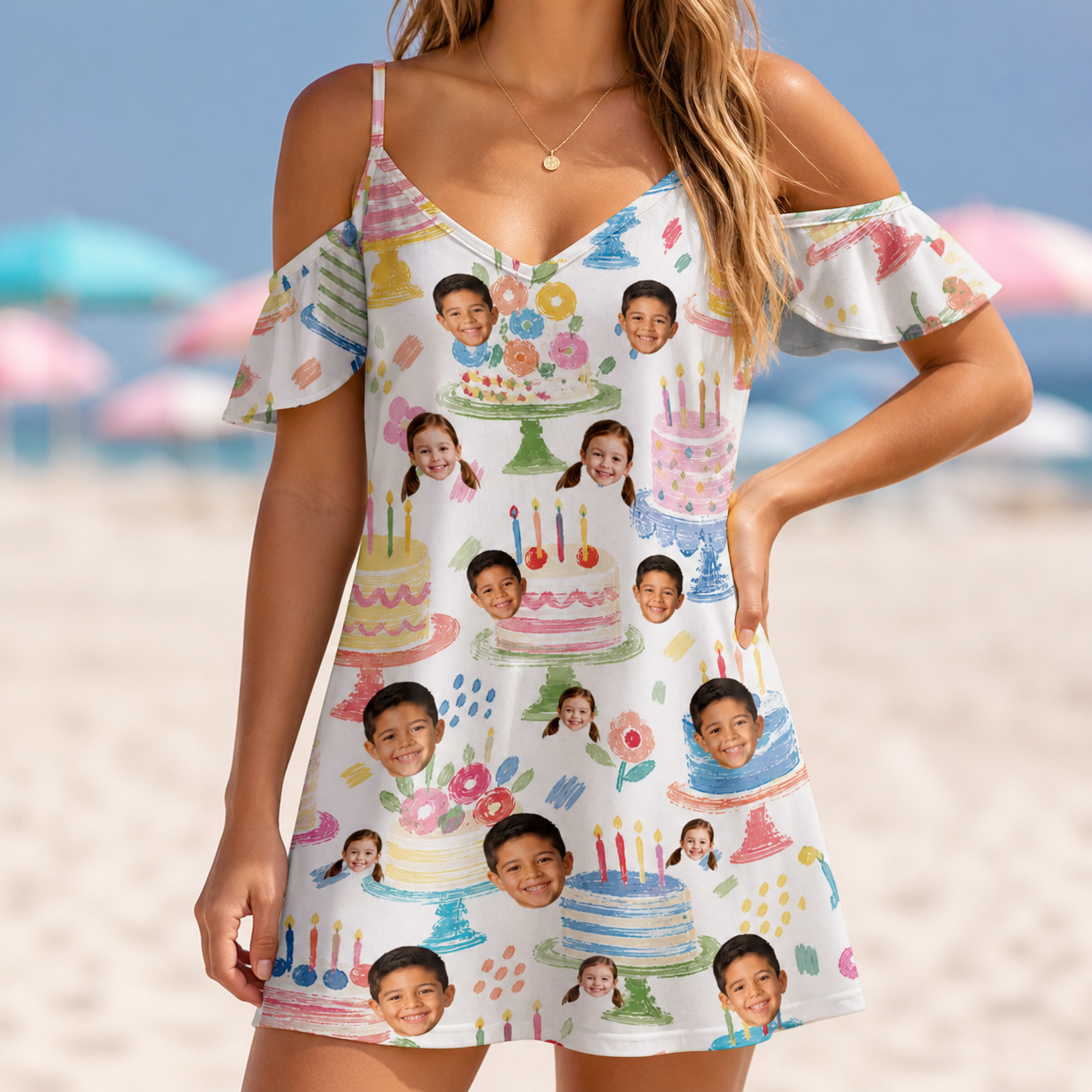 Model wearing Women's Longevity Layers Custom Face Off-Shoulder Dress printed with kids' faces