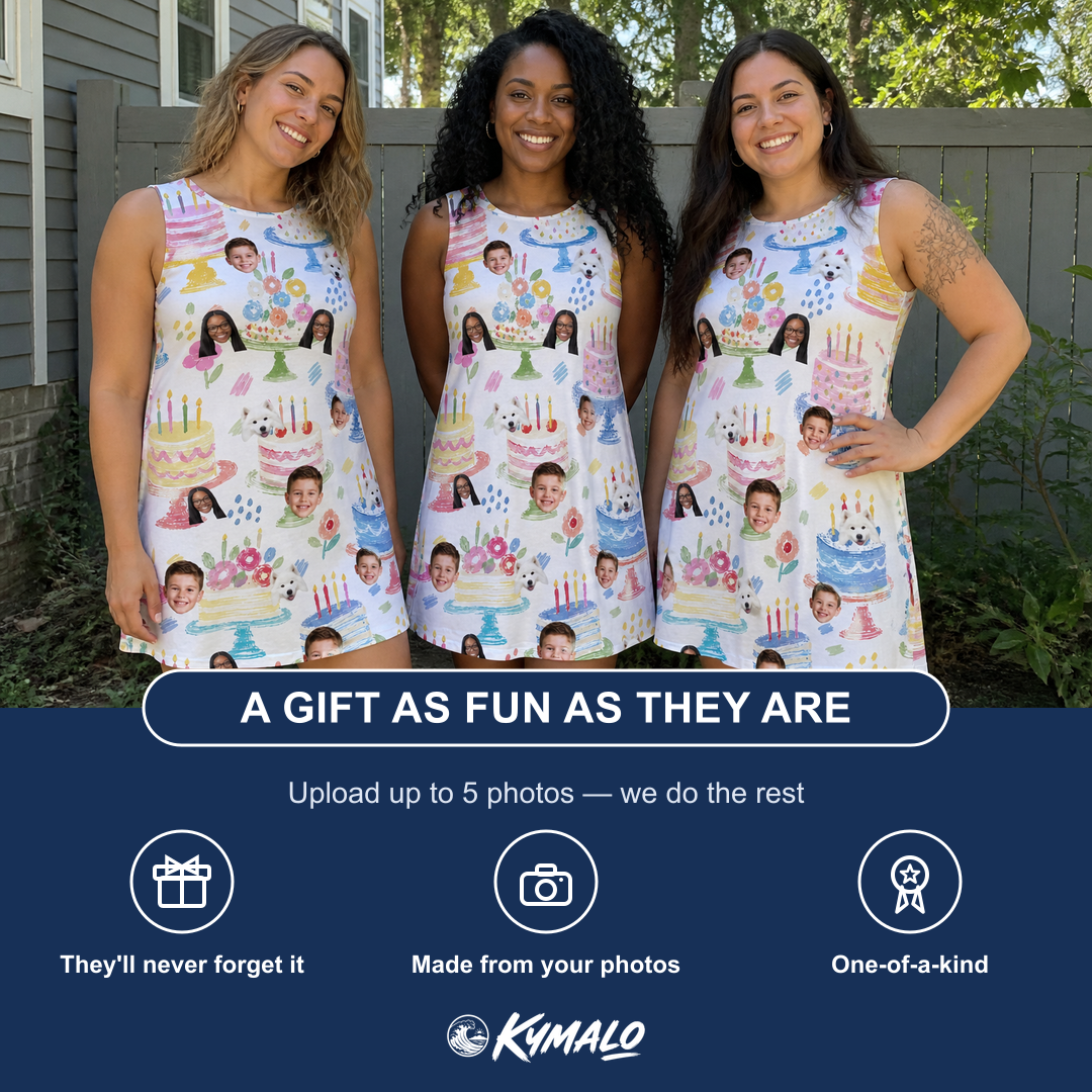 Friends in matching Women's Longevity Layers Custom Face Tank Dress — a group gift photo