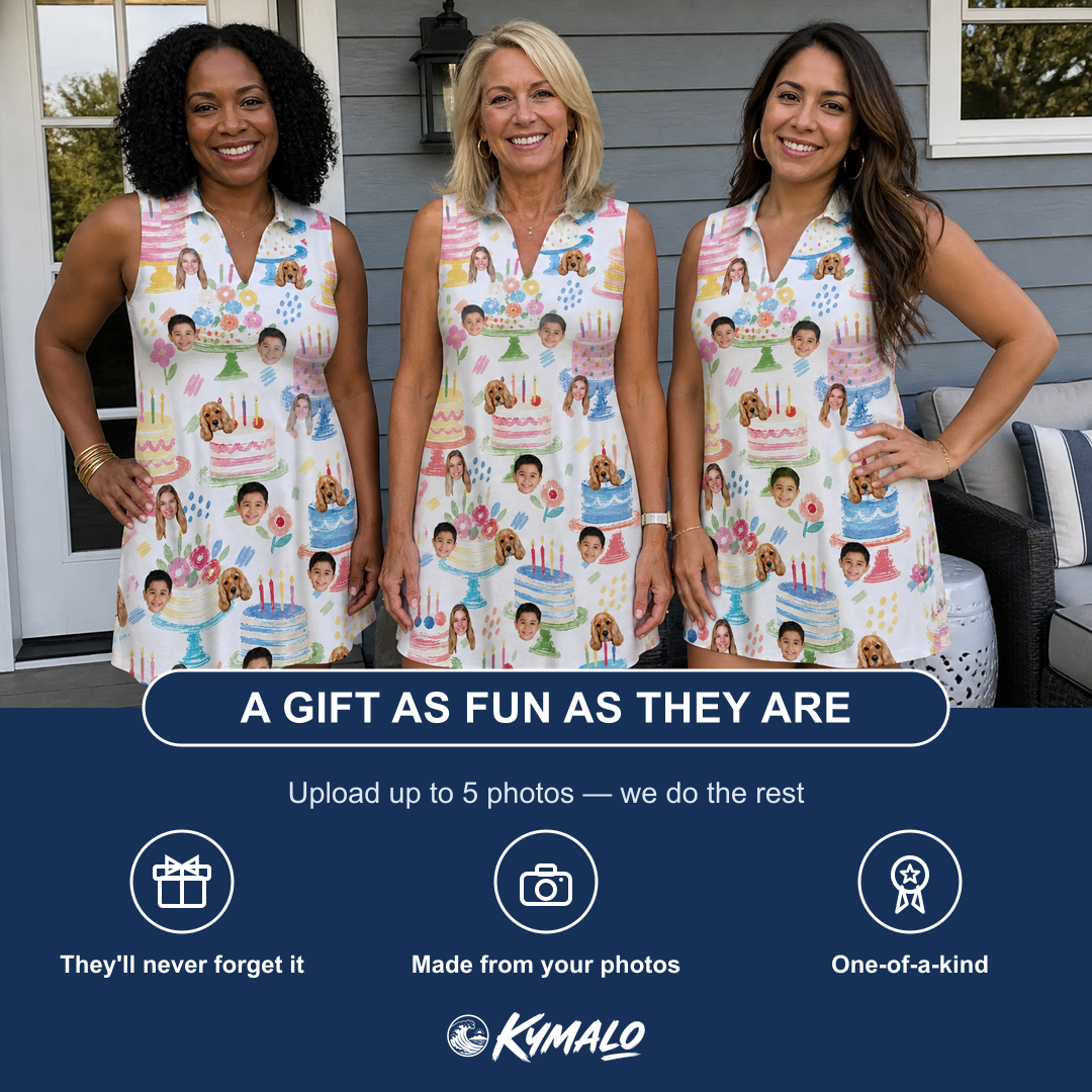 Friends in matching Women's Longevity Layers Custom Face V-Neck Dress — a group gift photo
