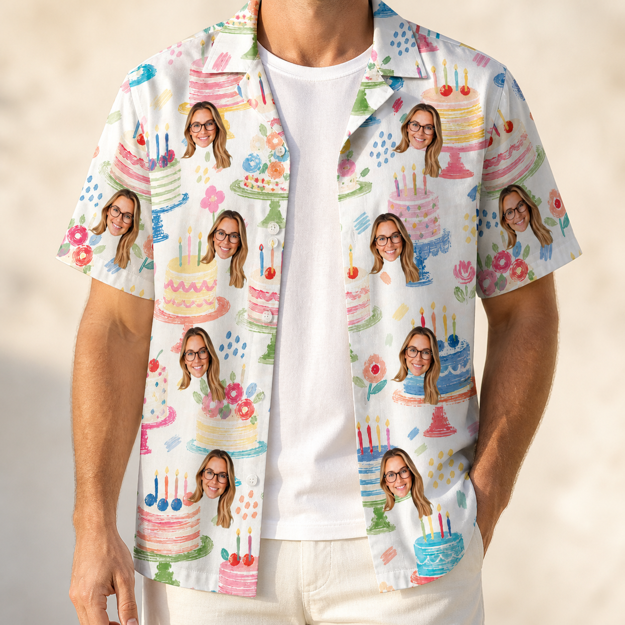 Man wearing Men's Longevity Layers Custom Face Hawaiian Shirt open over a white tee
