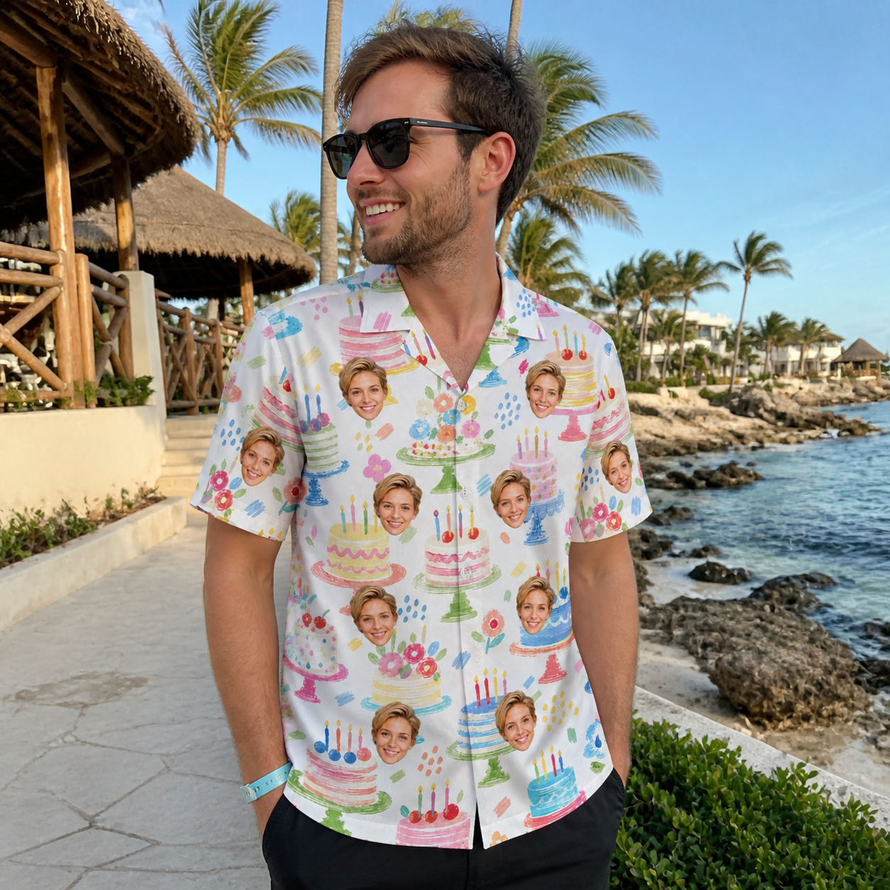 Real-life photo of someone wearing Men's Longevity Layers Custom Face Hawaiian Shirt — custom faces printed all-over