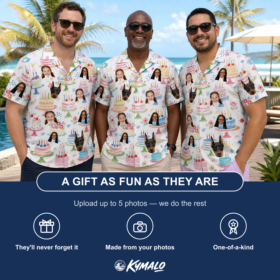 Friends in matching Men's Longevity Layers Custom Face Hawaiian Shirt — a group gift photo