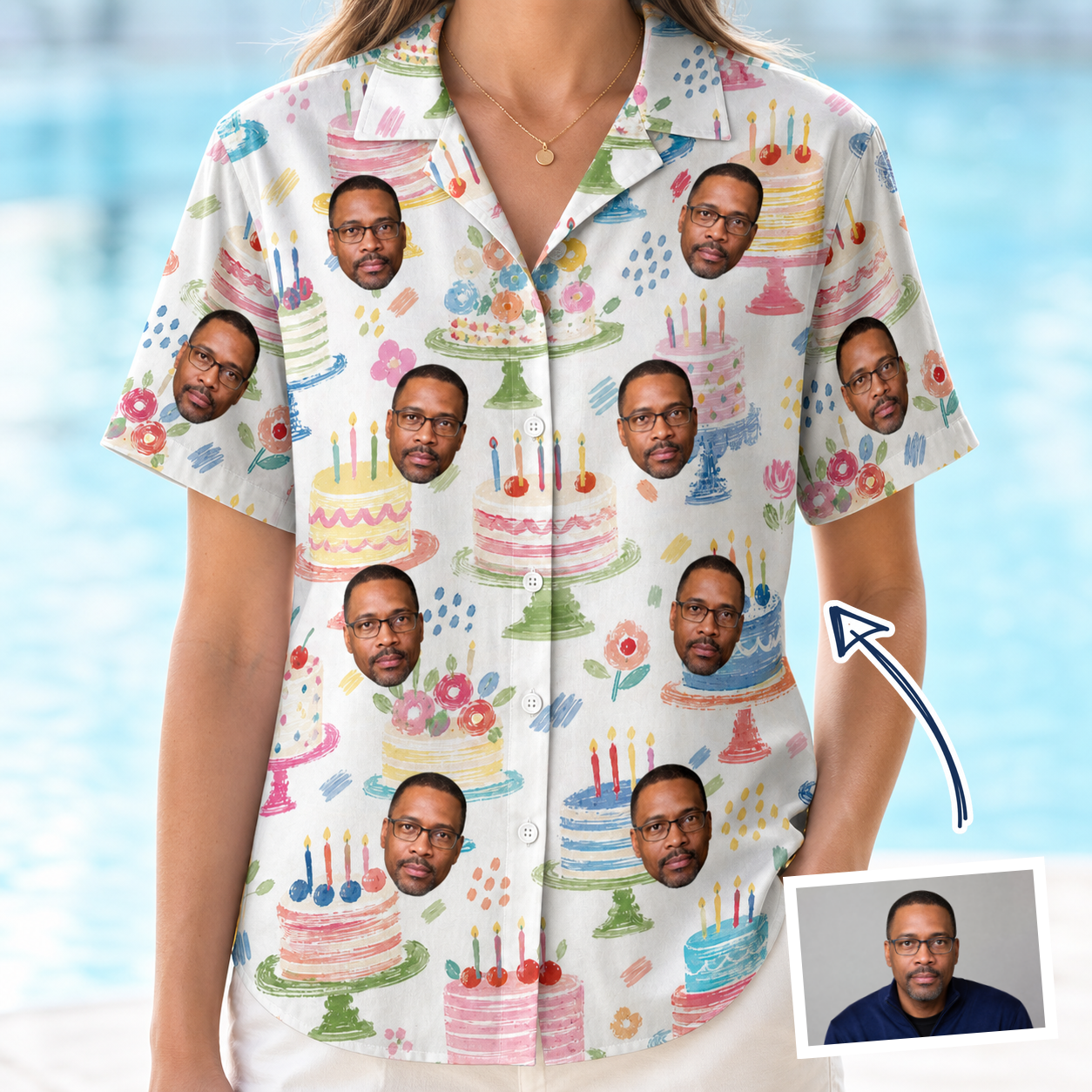 Woman wearing Women's Longevity Layers Custom Face Hawaiian Shirt — custom faces printed all-over