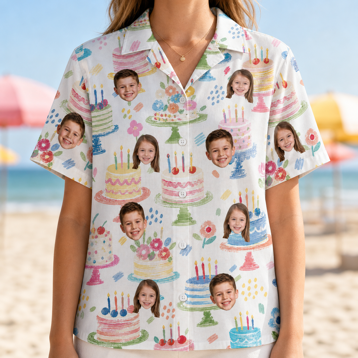 Model wearing Women's Longevity Layers Custom Face Hawaiian Shirt printed with kids' faces