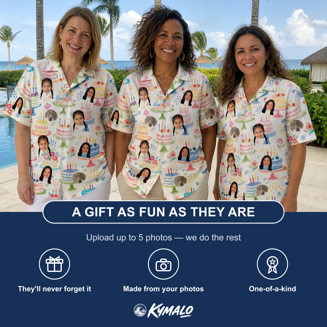 Friends in matching Women's Longevity Layers Custom Face Hawaiian Shirt — a group gift photo
