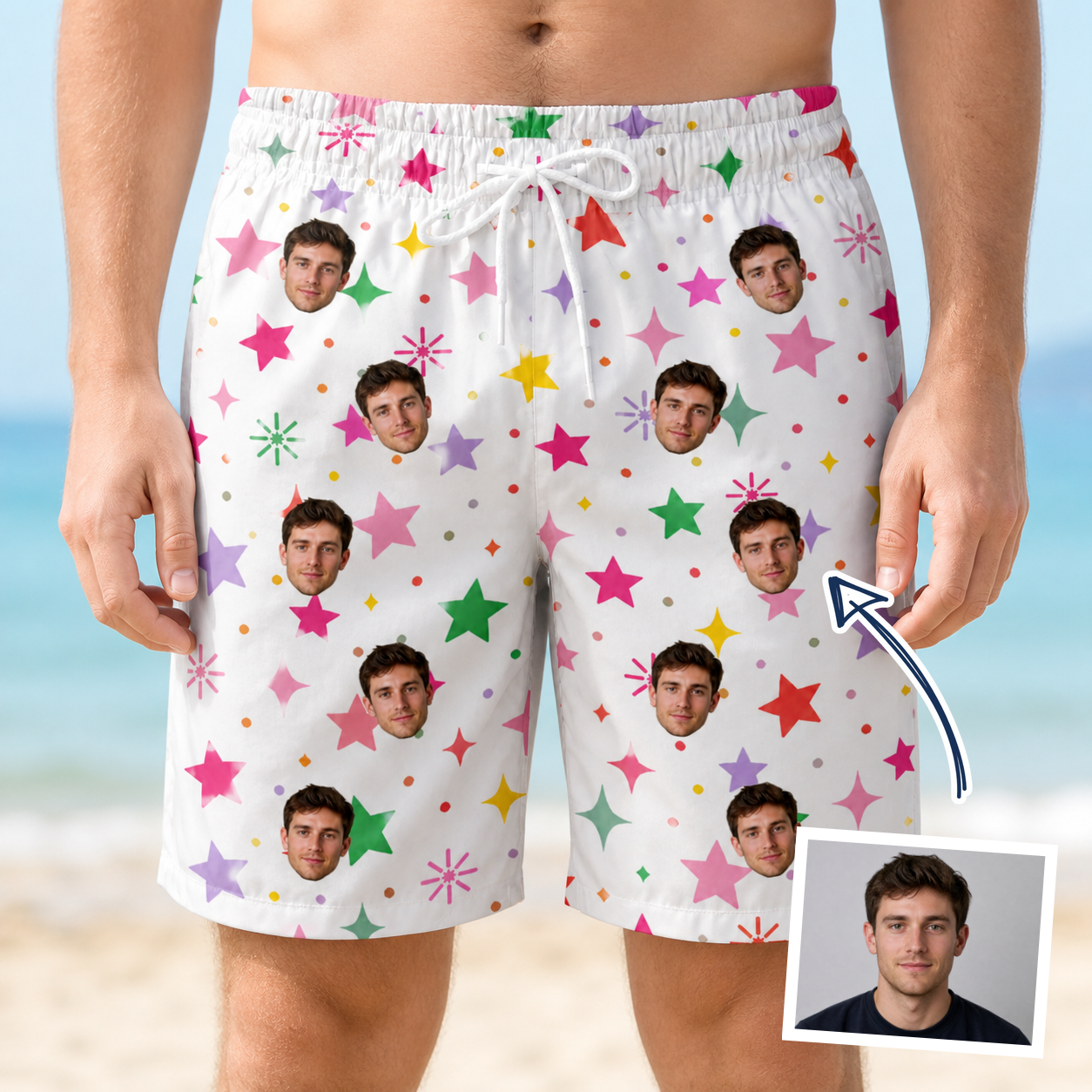 Man wearing Men's Confetti Comets Custom Face Beach Shorts — custom faces printed all-over