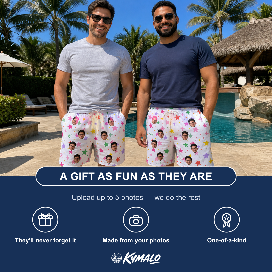Friends in matching Men's Confetti Comets Custom Face Beach Shorts — a group gift photo